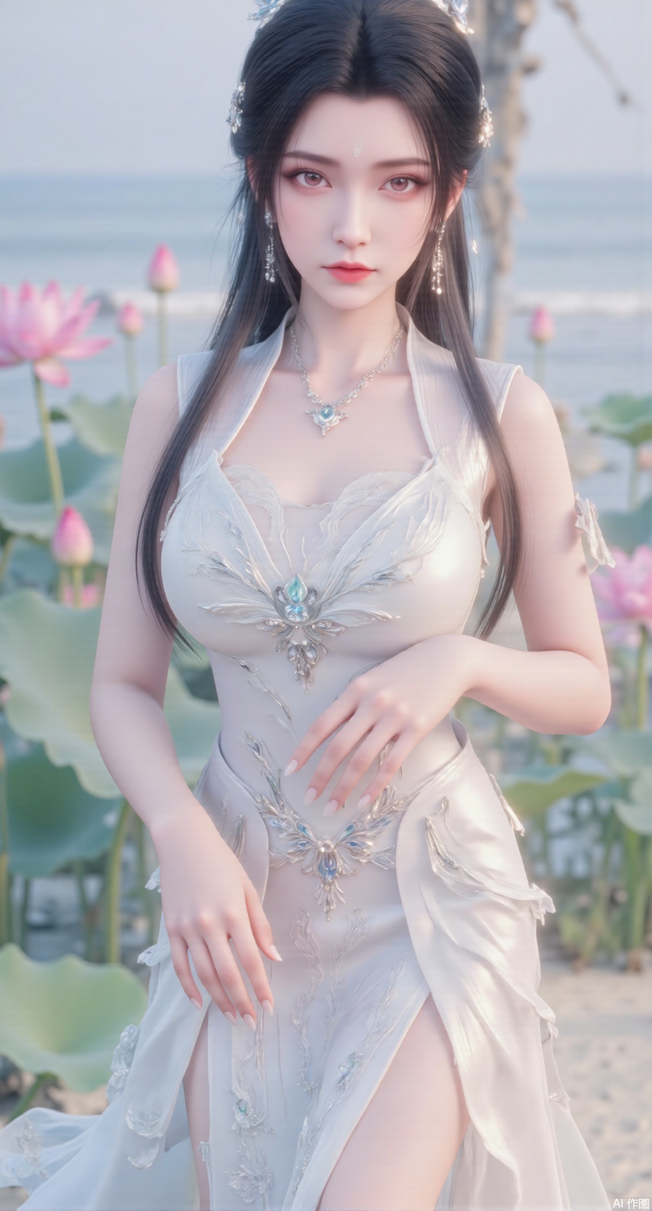  (masterpiece:1.2),best quality,(UE5.5,rendered with Unreal Engine 5,Unreal Engine 5,CG rendering:1.1),original,extremely detailed wallpaper,perfect lighting,1girl,solo,standing,(huge breasts:2.69),(full breasts:2.59),,looking at viewer,(cowboy_shot:1.1),long hair,high heels,blurry background,depth of field,motion blur,long dress,china_dress,chinese_style,bare shouders,crystal_earrings,headpiece,hair_tie,chest_jewel,gem,necklace,jewelry,in summer,day,outdoors,nature,sea,(rose,beach:1.49),(huge breasts:2.99),(full breasts:2.99),,(Background with lotus pond and pink lotus flowers:1.39),Xmupeiling,XsongyuYK,XqiyueFHK,XheguangzhefandiYK,XxiaobaiNZYK,XlimuwanJCBYK,XmeijiK,XzhouruK,Xjinniang,Xliangpianqun,Xyinggou,Xfeitianwunv,XnangongxierK,Xbaiyuekuishouban,Xnvwashenian,XmupeilingY,Xdaji,Xyujishenian,XluxueqiX