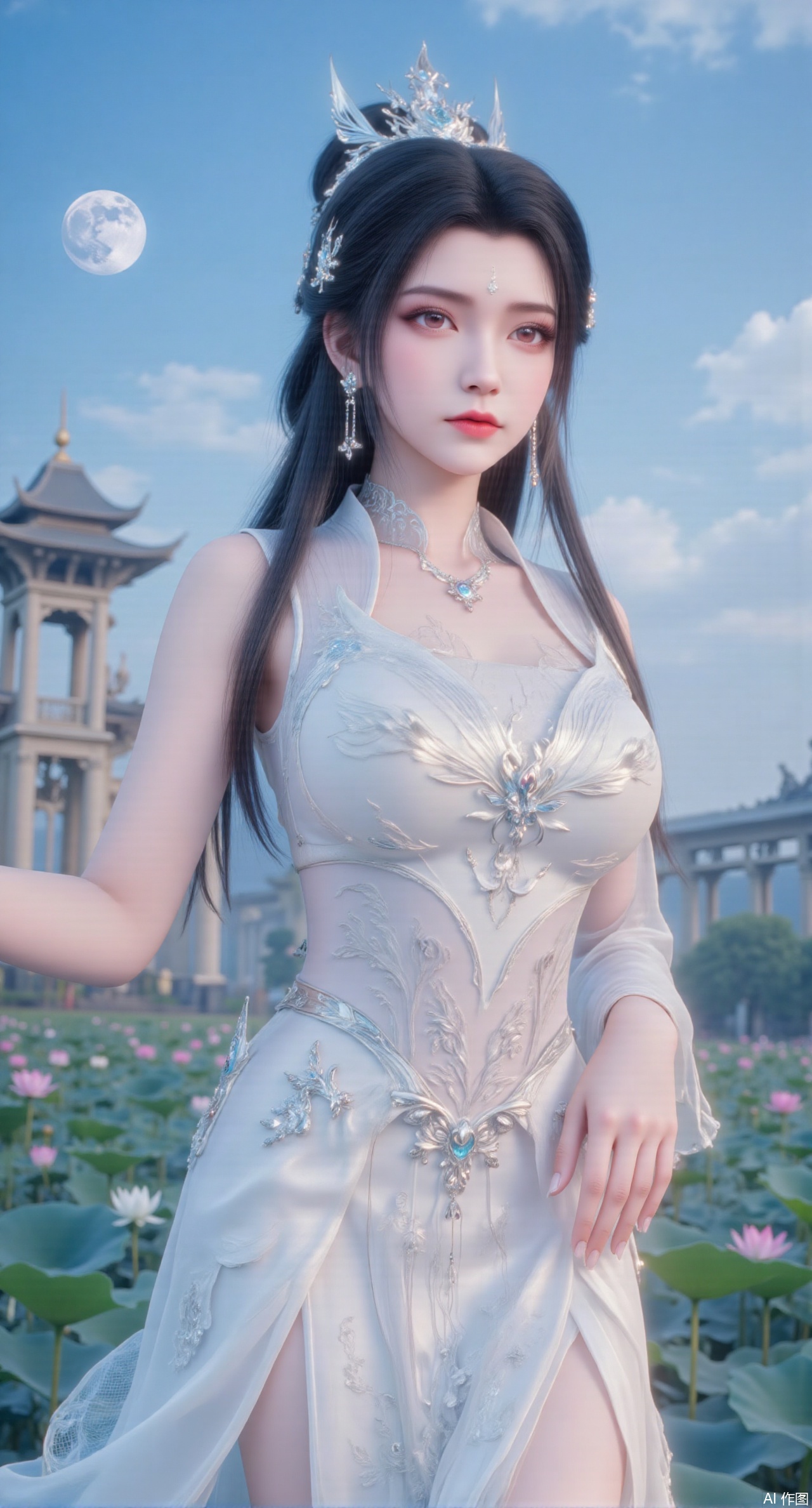 (masterpiece, best quality:1.2),1girl, navel, solo, midriff, bare shoulders, hair ornament,(long hair),(High double ponytail:1.49), red lips, BREAK, (looking at viewer:1.39), chinese clothes,(long dress:1.36), (lace:1.28), BREAK,blurry, solo focus, long hair, lips, daytime, lipstick, outdoors, standing,upper body,(huge breasts:2.99), (full breasts:2.99),background, solo, makeup,Xyunxiao,(Lotus,Water Lily,Blue sky,full moon:1.39),(Lotus pond,ancient Chinese architecture:1.39),Xmupeiling,XsongyuYK,XqiyueFHK,XheguangzhefandiYK,XxiaobaiNZYK,XlimuwanJCBYK,XmeijiK,XzhouruK,Xjinniang,Xliangpianqun,Xyinggou,Xfeitianwunv,XnangongxierK,Xbaiyuekuishouban,Xnvwashenian,XmupeilingY,Xdaji,Xyujishenian,XluxueqiX