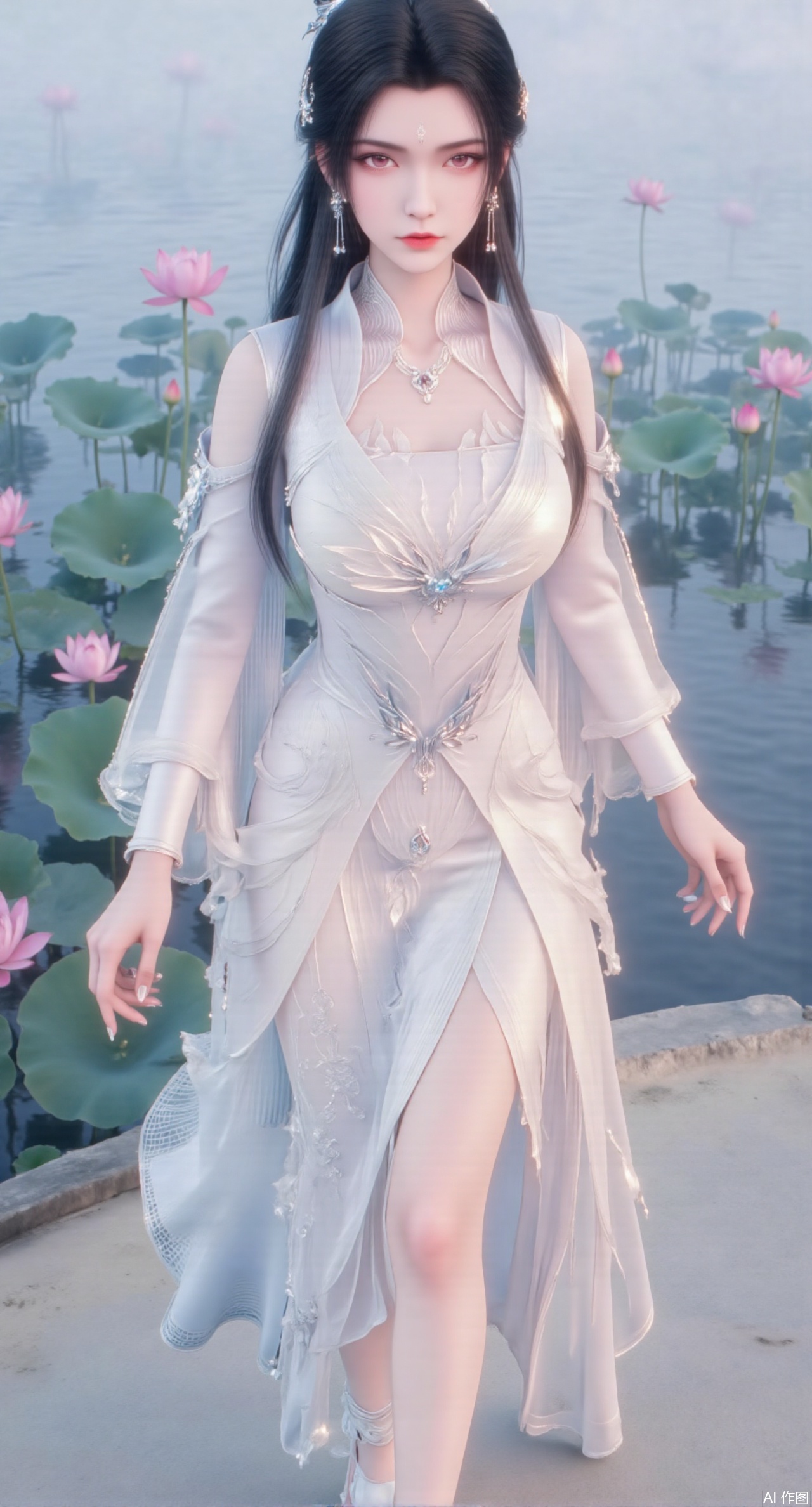 (masterpiece:1.2),best quality, (UE5.5,rendered with Unreal Engine 5,Unreal Engine 5,CG rendering), (masterpiece:1.2),,1girl,solo,standing,looking at viewer,(cowboy_shot:1.3),black hair,long hair,high heels,blurry background,depth of field,motion blur,short dress,china_dress,chinese_style,bare shouders,crystal_earrings,headpiece,hair_tie,chest_jewel,gem,necklace,jewelry,in summer,day,outdoors,nature,sea,(beach:1.4),(huge breasts:2.99),(full breasts:2.99),(lotus pond and pink lotus flowers:1.59),,(very long legs,Diamond-studded high heels:1.5),Xmupeiling,XsongyuYK,XqiyueFHK,XheguangzhefandiYK,XxiaobaiNZYK,XlimuwanJCBYK,XmeijiK,XzhouruK,XHhanfududou,XzhouruK2,XmeijiK2,XlinziyueK2,Xjinniang2,Xdunhuangfeitian,Xyinggou2,XnangongxierK2,Xnvwashenian2,XmupeilingYK,Xdaji2,Xyujishenian2,lanxinai-luxueqiX,Xlinagpiandiaodai