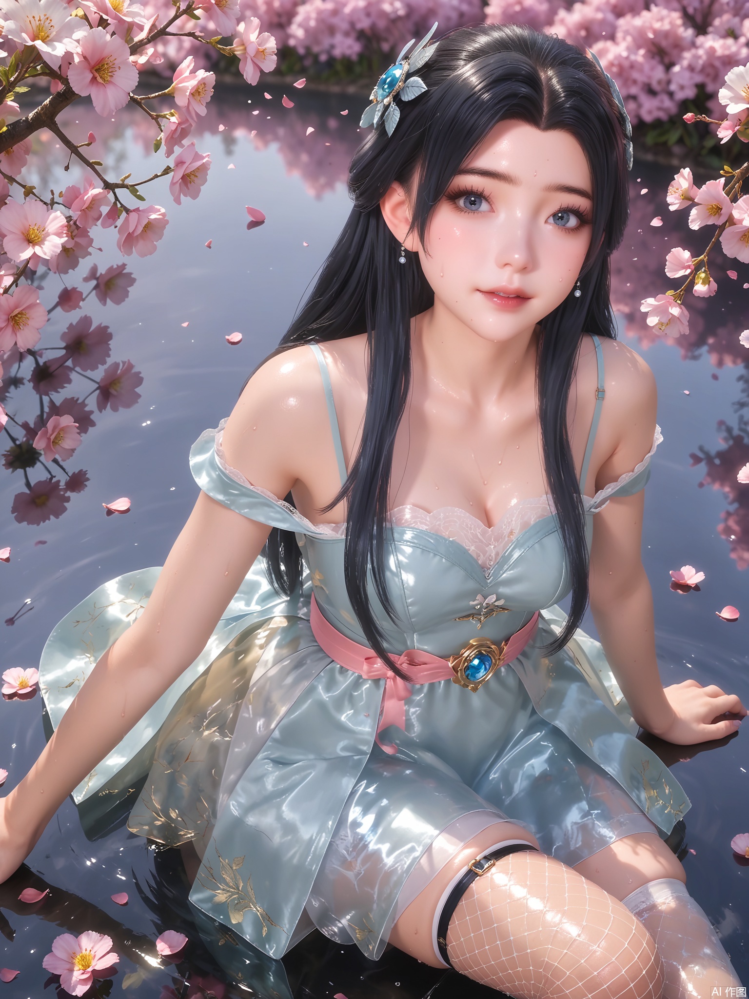 score_9,score_8_up,score_7_up,1girl,looking_at_viewer,realistic,1girl,Vivid Colors,bright environment,delicate water,hair_ornament,shiny skin,shiny hair,reflection,dress,jewelry,flower sea,falling petals,extreme detail description,(full body:0.3),put one hand on your side,long_hair,(skindentation:1.3),Fishnet stockings,bright,sunshine on face,black hair,light,sweating,(wariza:1.3)

