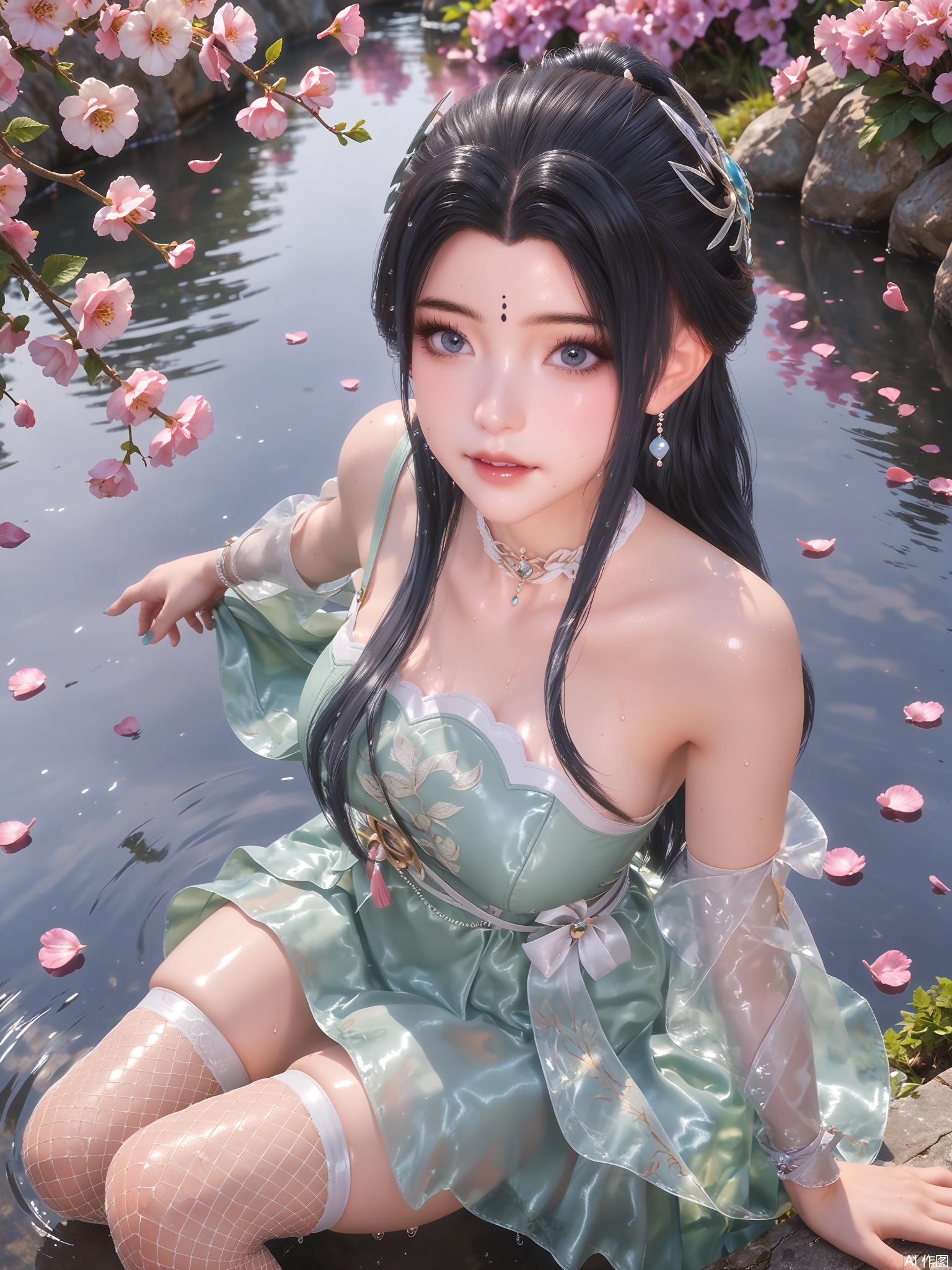 score_9,score_8_up,score_7_up,1girl,looking_at_viewer,realistic,1girl,Vivid Colors,bright environment,delicate water,hair_ornament,shiny skin,shiny hair,reflection,dress,jewelry,flower sea,falling petals,extreme detail description,(full body:0.3),put one hand on your side,long_hair,(skindentation:1.3),Fishnet stockings,bright,sunshine on face,black hair,light,sweating,(wariza:1.3)green dress,forehead_mark