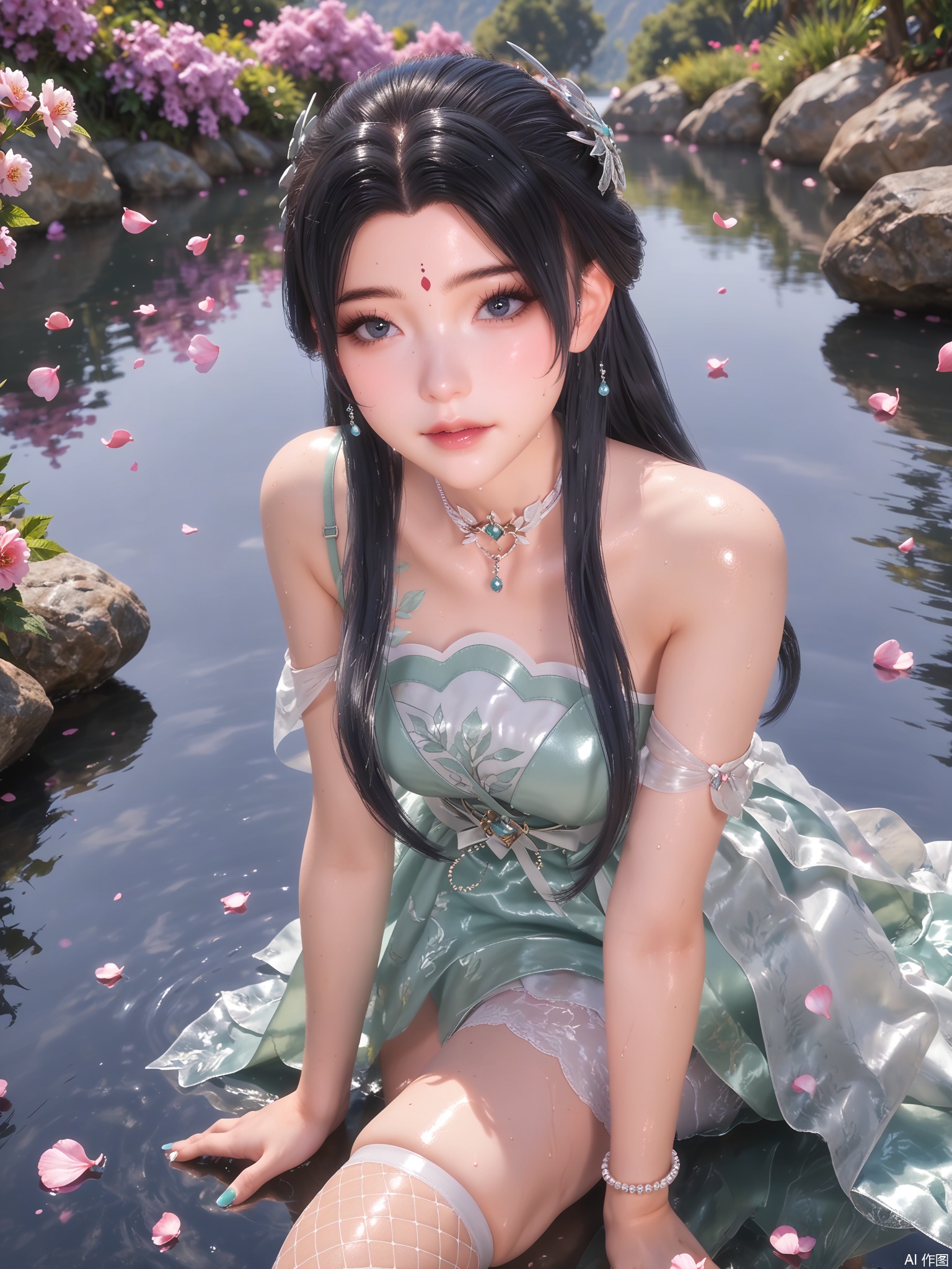 score_9,score_8_up,score_7_up,1girl,looking_at_viewer,realistic,1girl,Vivid Colors,bright environment,delicate water,hair_ornament,shiny skin,shiny hair,reflection,dress,jewelry,flower sea,falling petals,extreme detail description,(full body:0.3),put one hand on your side,long_hair,(skindentation:1.3),Fishnet stockings,bright,sunshine on face,black hair,light,sweating,(wariza:1.3)green dress,forehead_mark