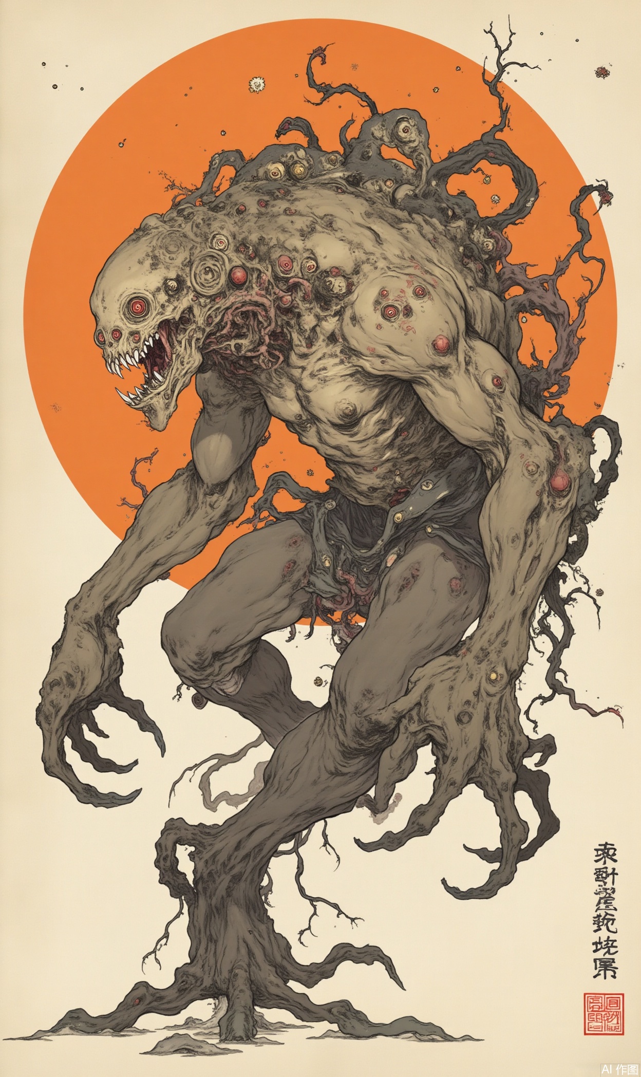 The image depicts a grotesque, monstrous creature with a humanoid form, characterized by its multiple limbs, sharp teeth, and numerous protruding eyes. The creature's body is a mix of organic and mechanical elements, with twisted, vine-like appendages and a large, bulbous head. The background features a large, orange circle, possibly representing a setting or rising sun, with a few scattered stars or particles. The creature's posture is aggressive, with its limbs spread wide, and it appears to be in motion, as if it is about to attack or move. The artwork has a dark, eerie aesthetic, with muted colors and a focus on the creature's menacing features. The text in the image is in Japanese characters, located in the bottom right corner.