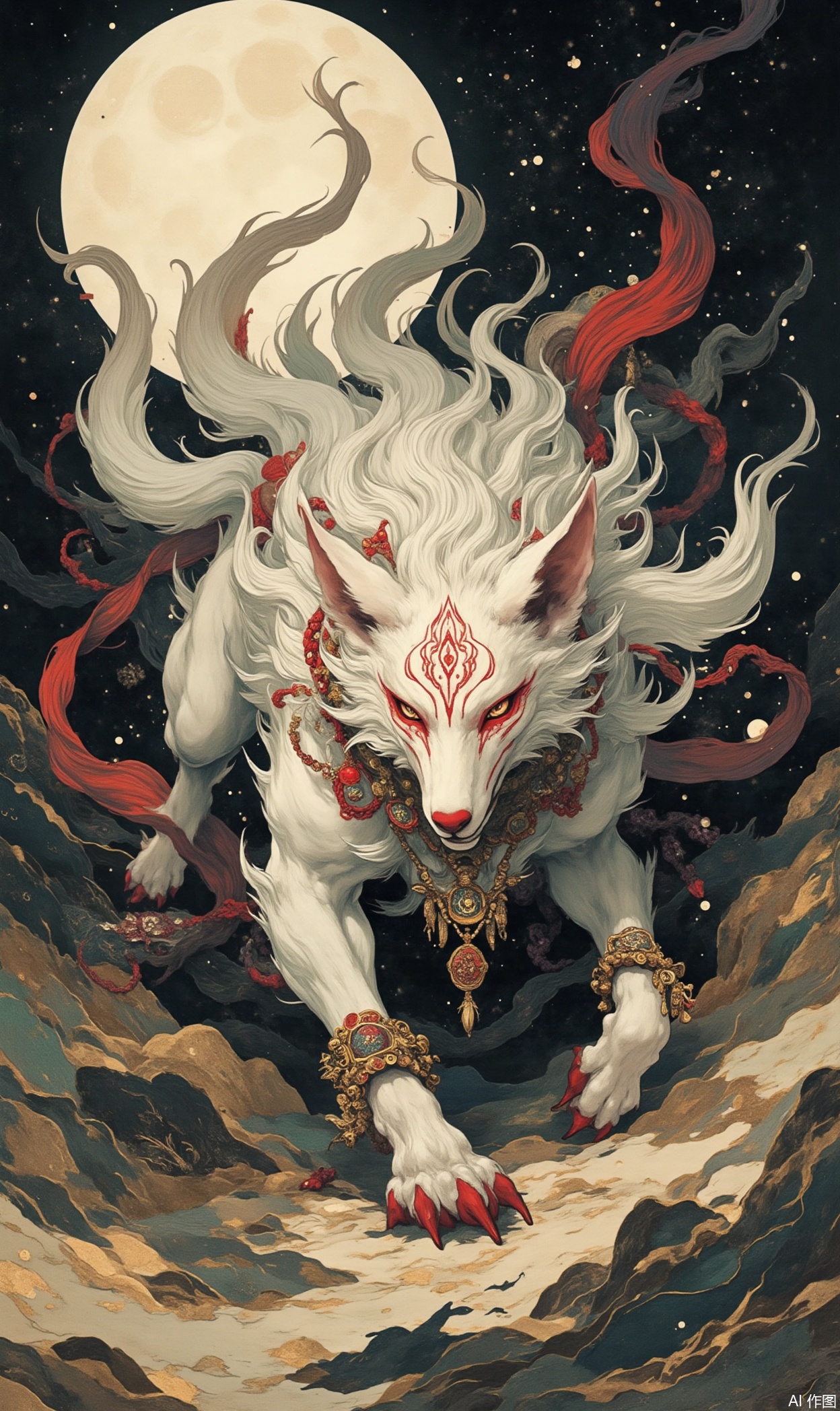 The image depicts a highly stylized and fantastical depiction of a white wolf with intricate red markings on its face and body. The wolf is adorned with ornate jewelry and has flowing, ethereal fur that seems to blend with the surrounding environment. The background features a large, glowing moon, and the ground appears to be a mix of rocky terrain and abstract, swirling patterns. The wolf is positioned in the center of the image, appearing to be in motion, with its front paws extended forward as if it is running or leaping. The overall color palette is dark with highlights of white and red, creating a dramatic and mystical atmosphere.