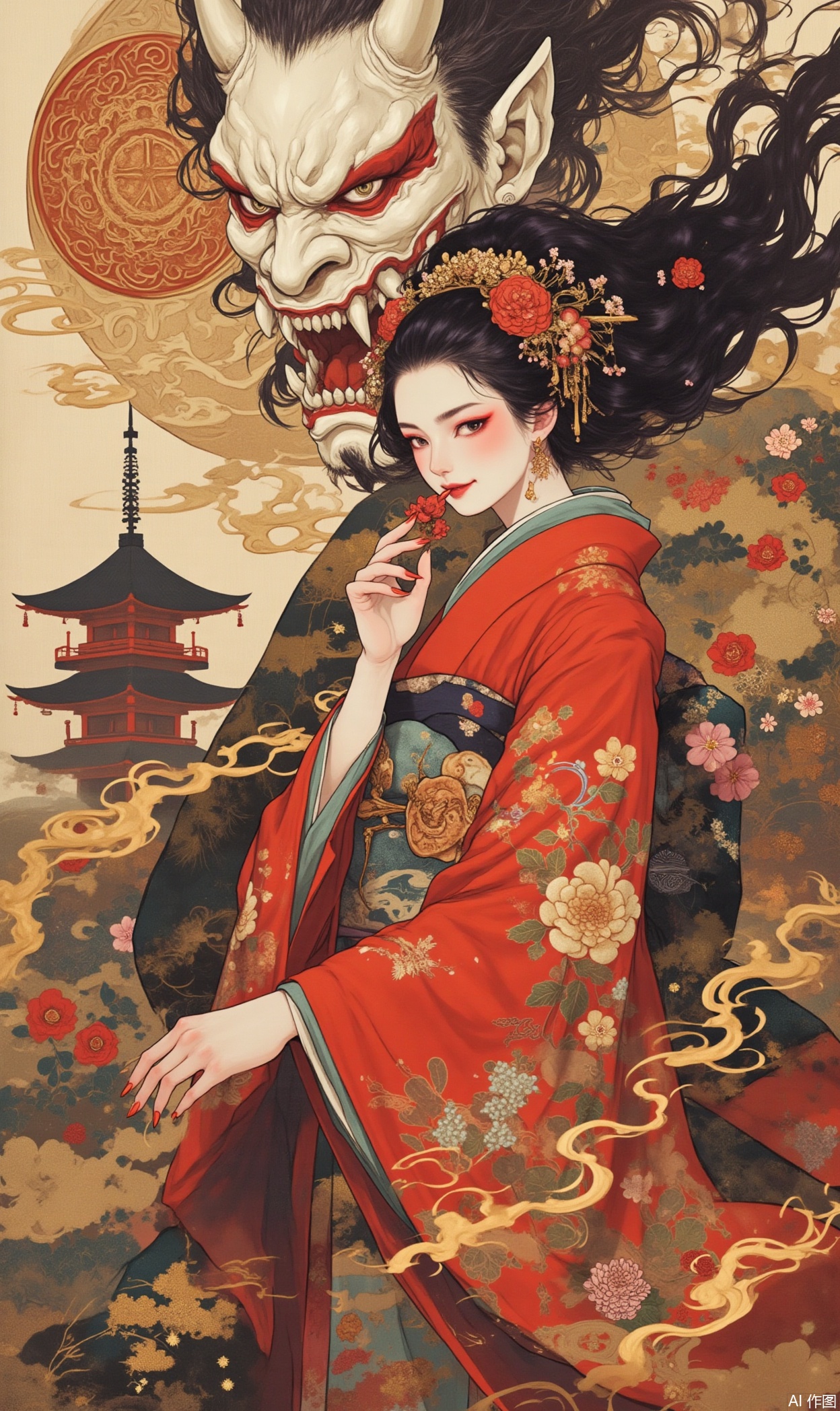 The image depicts a traditional Japanese scene. In the foreground, there is a woman dressed in a vibrant red kimono adorned with intricate floral patterns. She is holding a small red flower delicately near her face, and her hair is styled elaborately with floral accessories. Behind her, a large, fierce demonic figure looms, characterized by its white and red face with sharp teeth and flowing hair. The background features a blend of traditional Japanese elements, including a circular emblem with swirling designs and a pagoda, all rendered in warm, earthy tones that complement the overall aesthetic.