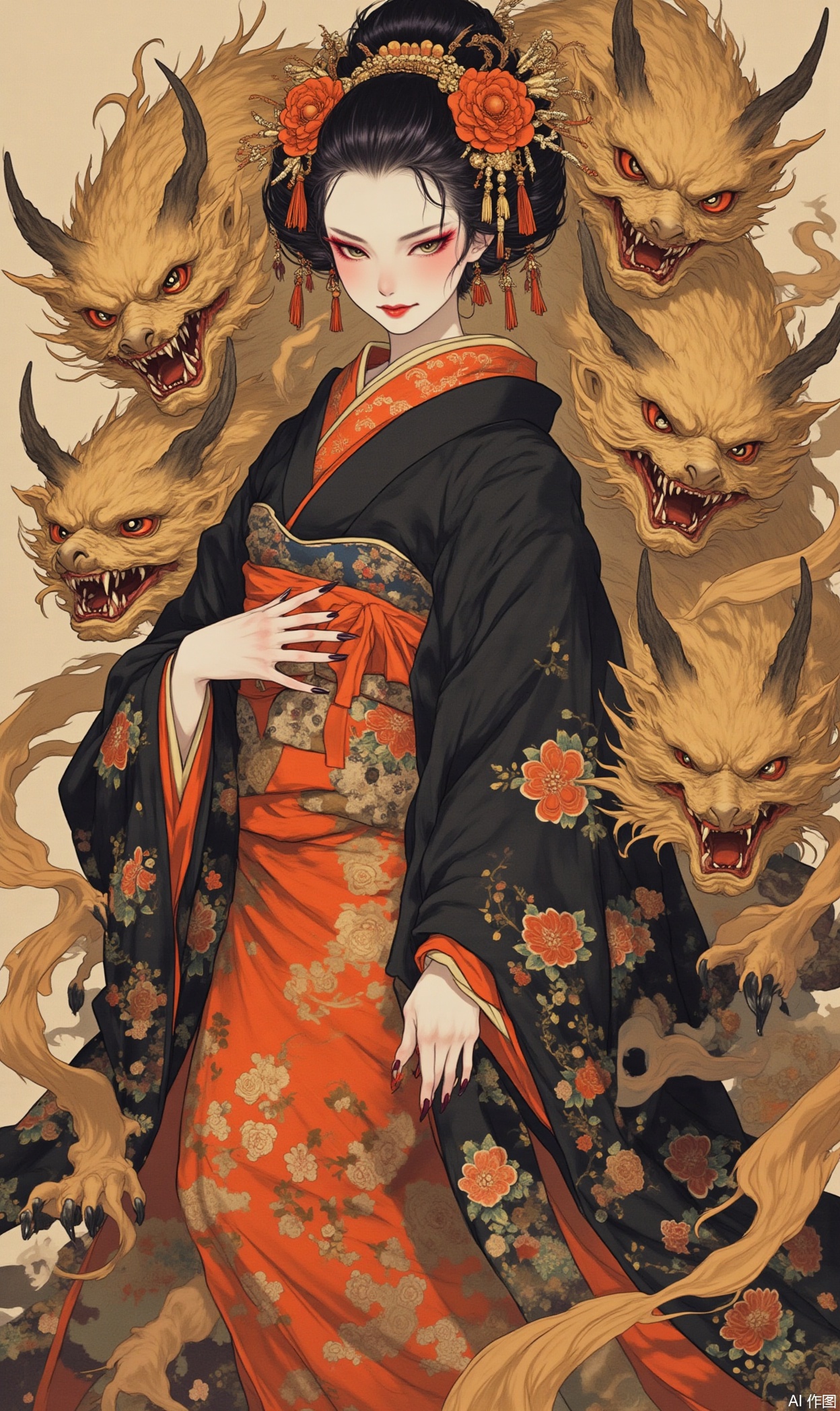 The image depicts a traditional Japanese-style artwork featuring a woman adorned in a kimono. The kimono is predominantly black with intricate orange and red patterns, including floral designs. She is surrounded by four demonic creatures, each with sharp teeth and fierce expressions, positioned around her shoulders and arms. The creatures have golden fur and menacing eyes. The woman's hair is styled elaborately, adorned with orange flowers and red tassels. The background is a muted beige, which contrasts with the vibrant colors of the kimono and the creatures. The artwork has a traditional Japanese aesthetic, with a strong emphasis on the kimono and the demonic creatures.