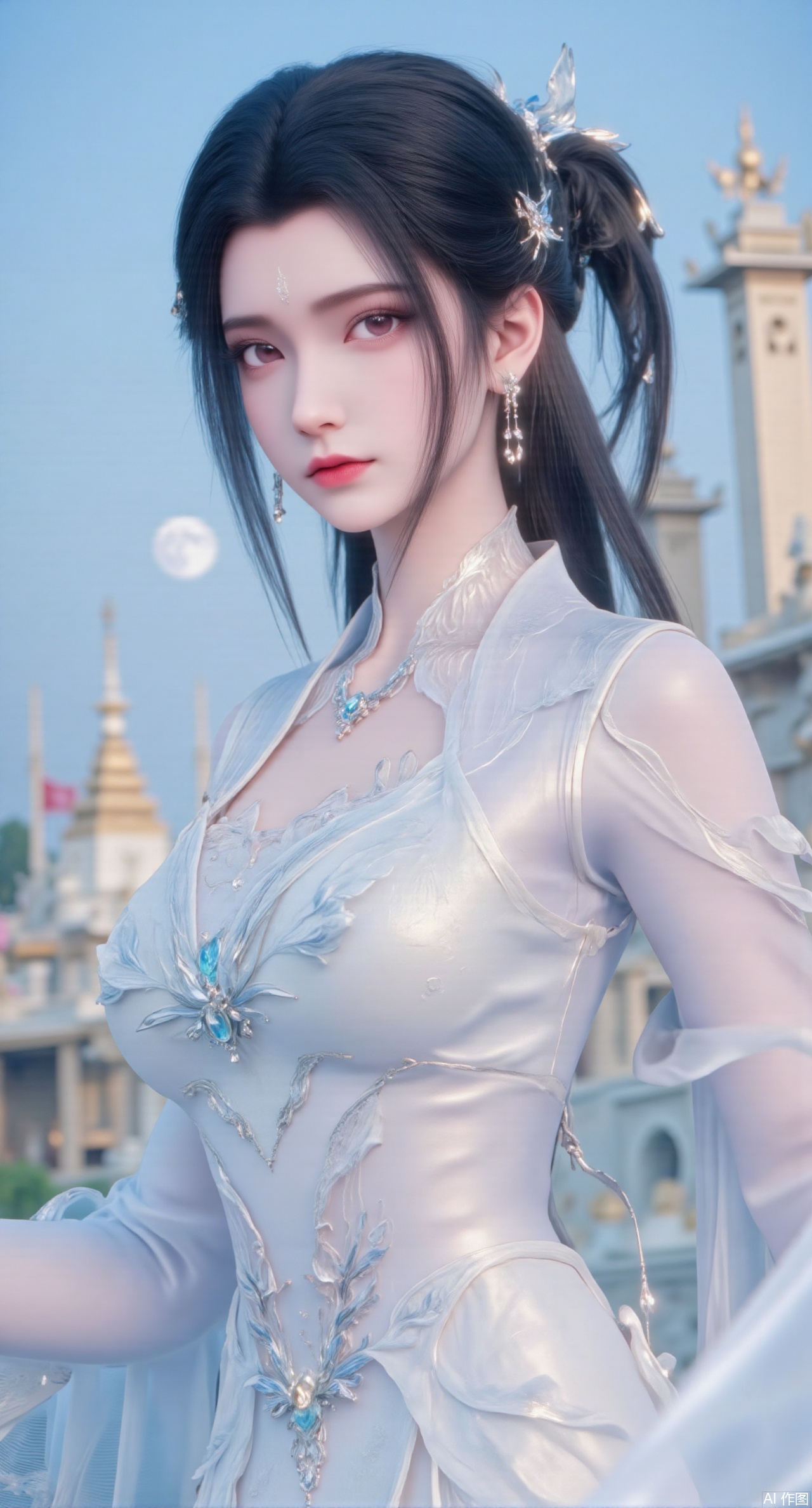 (masterpiece, best quality:1.2),1girl, navel, solo, midriff, bare shoulders, hair ornament,(long hair),(High double ponytail:1.49), red lips, BREAK, (looking at viewer:1.39), chinese clothes,(long dress:1.36), (lace:1.28), BREAK,blurry, solo focus, long hair, lips, daytime, lipstick, outdoors, standing,upper body,(huge breasts:2.99), (full breasts:2.99),background, solo, makeup,Xyunxiao,(Lotus,Water Lily,Blue sky,full moon:1.39),(Lotus pond,ancient Chinese architecture:1.39),Xmupeiling,XsongyuYK,XqiyueFHK,XheguangzhefandiYK,XxiaobaiNZYK,XlimuwanJCBYK,XmeijiK,XzhouruK,Xjinniang,Xliangpianqun,Xyinggou,Xfeitianwunv,XnangongxierK,Xbaiyuekuishouban,Xnvwashenian,XmupeilingY,Xdaji,Xyujishenian,XluxueqiX