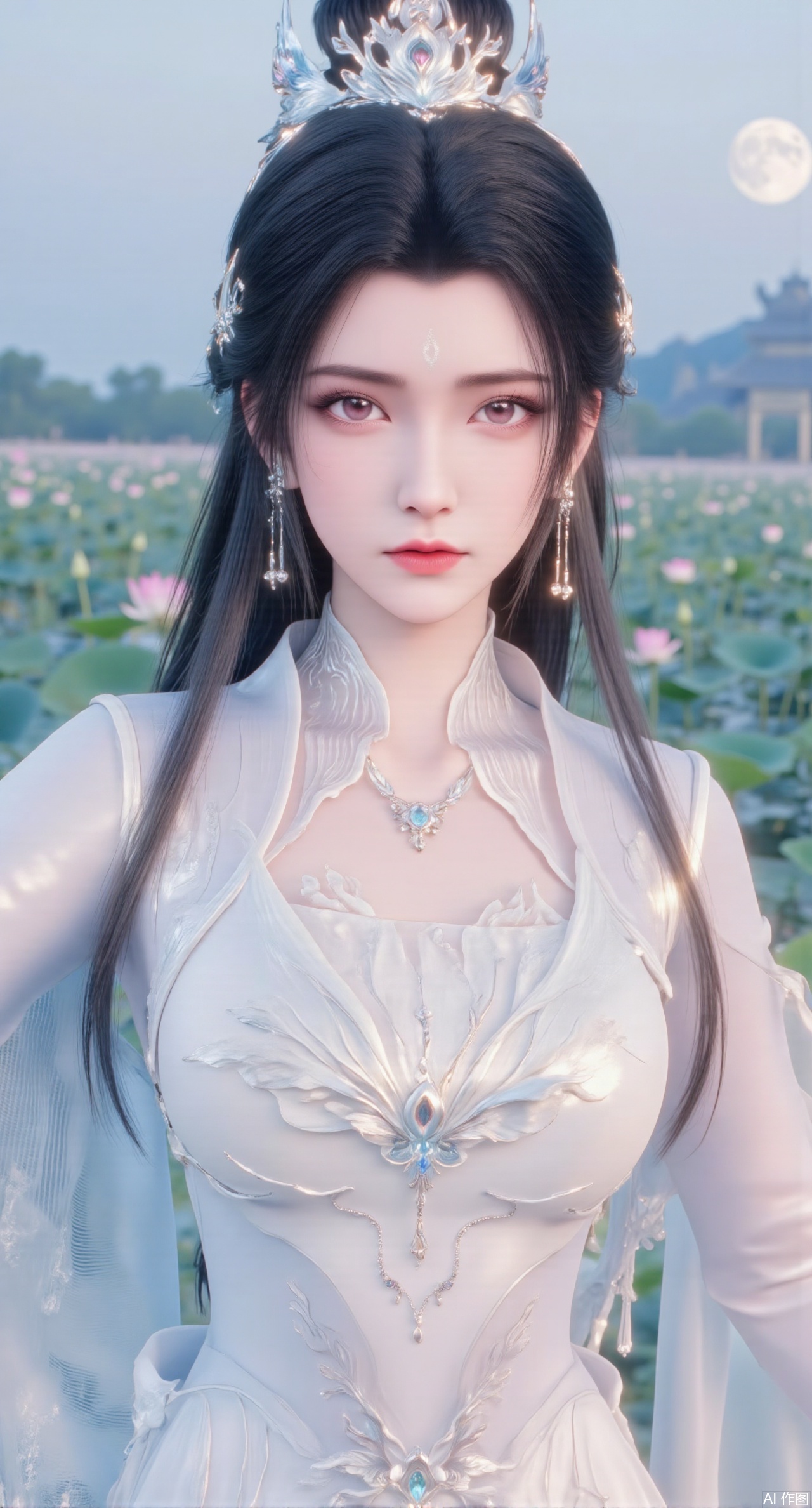 (masterpiece, best quality:1.2),1girl, navel, solo, midriff, bare shoulders, hair ornament,(long hair),(High double ponytail:1.49), red lips, BREAK, (looking at viewer:1.39), chinese clothes,(long dress:1.36), (lace:1.28), BREAK,blurry, solo focus, long hair, lips, daytime, lipstick, outdoors, standing,upper body,(huge breasts:2.99), (full breasts:2.99),background, solo, makeup,Xyunxiao,(Lotus,Water Lily,Blue sky,full moon:1.39),(Lotus pond,ancient Chinese architecture:1.39),Xmupeiling,XsongyuYK,XqiyueFHK,XheguangzhefandiYK,XxiaobaiNZYK,XlimuwanJCBYK,XmeijiK,XzhouruK,Xjinniang,Xliangpianqun,Xyinggou,Xfeitianwunv,XnangongxierK,Xbaiyuekuishouban,Xnvwashenian,XmupeilingY,Xdaji,Xyujishenian,XluxueqiX