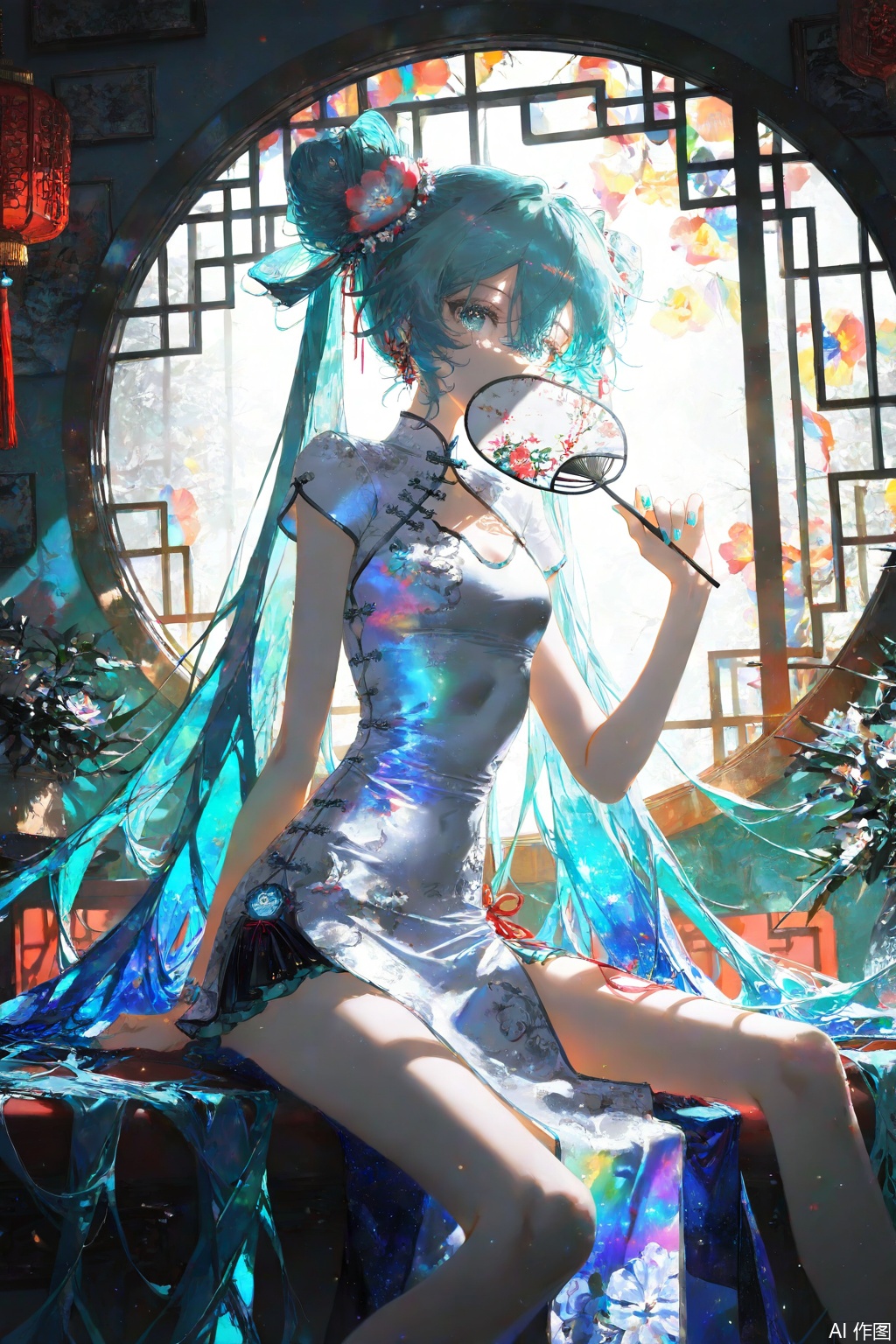 (artist: quasarcake:0.8),depth of field,extreme aesthetic,(wlop:0.6),e,rella,e,masterpiece,best quality,good quality,newest,year 2024,year 2023,very aesthetic,absurdres,Visual impact,perspective composition,A shot with tension,ultra-high resolution,32K UHD,sharp focus,best quality,masterpiece,Emotionalization masterpiece,unconventional supreme,masterful details,with a high end texture,in the style of fashion photography,(Visual impact:1.2),giving the poster a dynamic and visually striking appearance,impactful picture,offcial art,colorful,splash of color,movie perspective,masterpiece,best quality,amazing quality,very aesthetic,absurdres,best quality,newest,masterpiece,best quality,good quality,hatsune miku,1girl,solo,long hair,looking at viewer,hair ornament,dress,holding,very long hair,sitting,twintails,flower,short sleeves,indoors,hair flower,official alternate costume,white dress,nail polish,blurry,aqua eyes,clothing cutout,window,aqua hair,depth of field,chinese clothes,short dress,cutout,plant,china dress,light particles,hand fan,blurry foreground,official alternate hairstyle,covering own mouth,covered mouth,holding fan,aqua nails,round window,lattice,