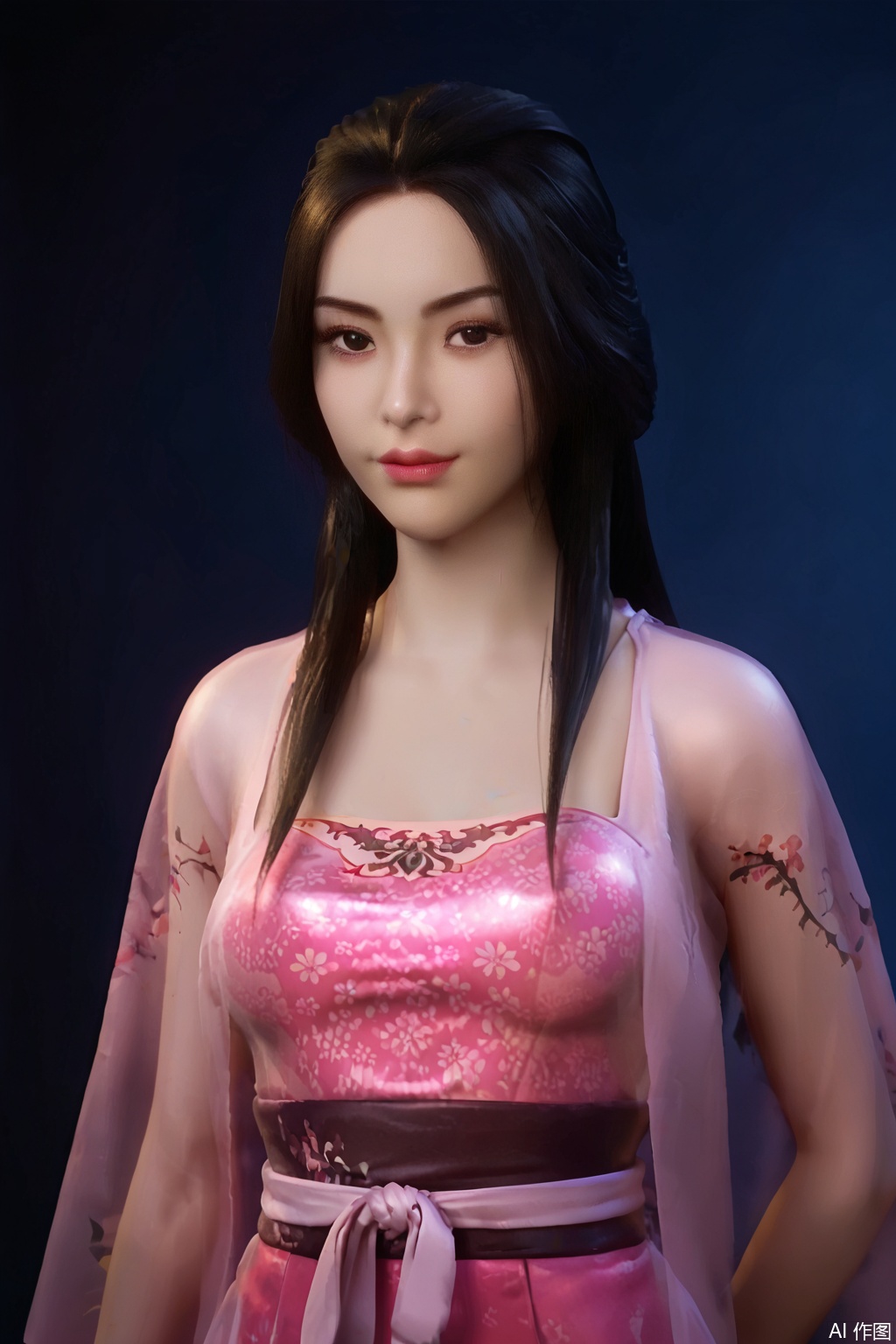 score_9_up,DXE,1girl, solo, long hair, looking at viewer, black hair, dress, upper body, black eyes, lips, tattoo, realistic,pink dress/printed pattern,see through,looking_at_viewer