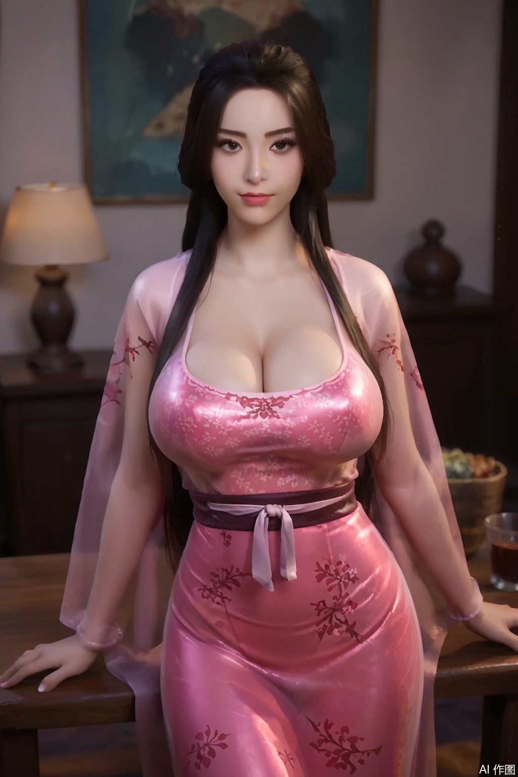 score_9_up,DXE,1girl, solo, huge breasts cleavage,long hair, black hair, Supporting the table with hands,learning forward,dress, black eyes, living room,table,stool, realistic,pink dress/printed pattern,see through,looking_at_viewer