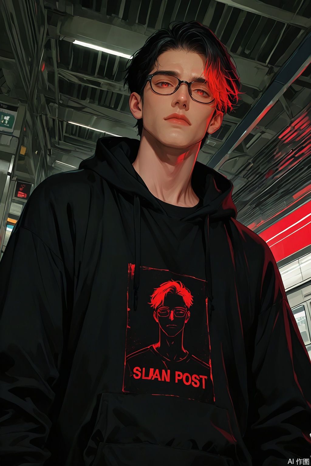 ((Middle-aged)),((Handsome)), 1 boy, looking at viewer, short hair, black shirt, black hair, ((Red highlighted hair)), closed mouth, glasses, dark red eyes, black t-shirt, random position, random post, black hoodie, standing at station, low angle, dynamic angle