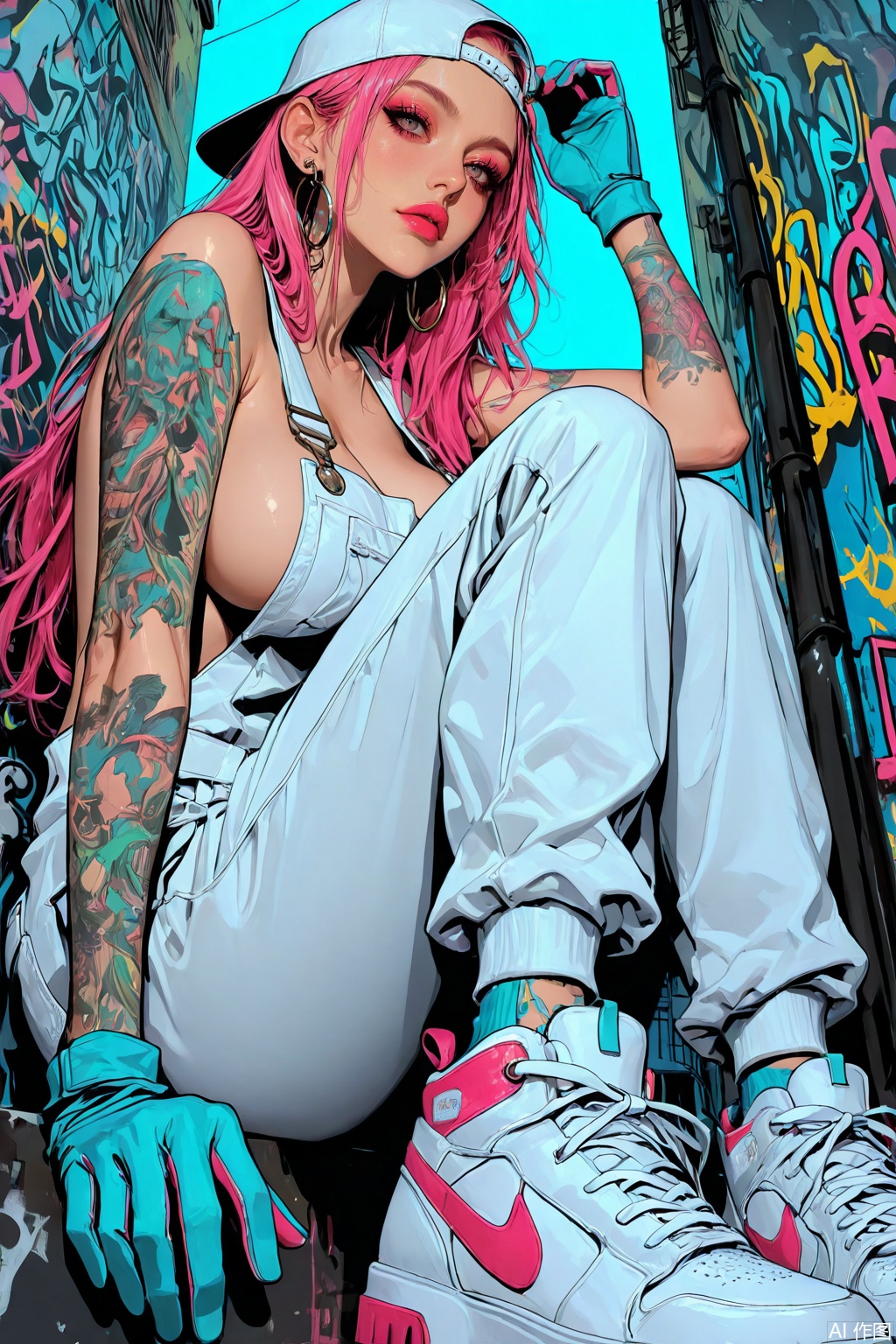 high_quality, highres, detailed_eyes, detailed, masterpiece, best quality, absurdres, 8k, HDR, face_focus, flat illustration, flat colors, high contrast, (artist:billyhhyb), cyber_fashion, cyber_tech, pop_art_(style),grunge, deep-shading, ray-tracing, backlight, hip_hop, 1girl, pink hair, blunt, long hair, hoop_earrings, mascara, makeup, lip glow, solo, big breasts, white overall, sideboobs, sneakers, high heels, sweatpants, baseball cap, backwards_hat, sits on straps, work_gloves, arm_tattoo, looking at viewer, relaxing pose, knees up, leans on knee, hand forward, focus on feet, streetwear, urbanism, graffiti, detailed background, complex background, indoor, fashion, highly detailed, sketch_background, graffiti_background, gradient_background, street art, abstract, vibrant, (from side, from below, point of view),