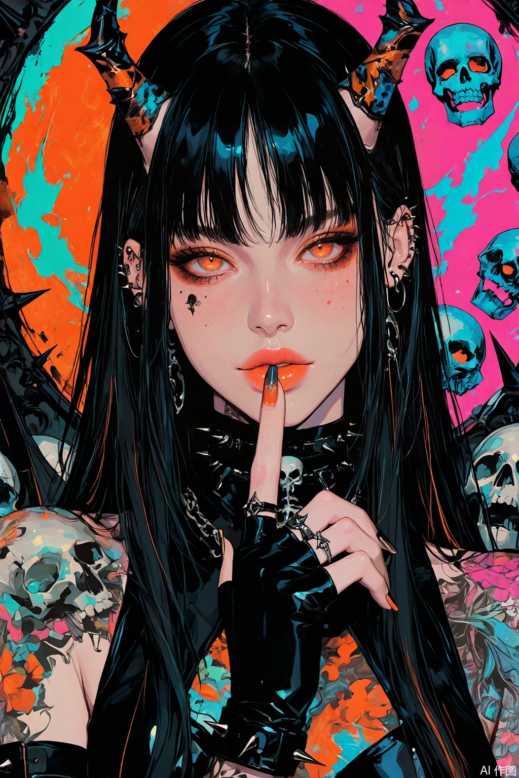 masterpiece, high quality, absurdres, best quality, very aesthetic, colorful, newest, 1girl, solo, looking at viewer, black hair, gloves, jewelry, horns, fingerless gloves, nail polish, lips, orange eyes, tattoo, piercing, ring, finger to mouth, spikes, skull, masterpiece, very aesthetic, absurdres, best quality, good quality, newest, highres,Anime screencap,anime coloring,shiny,niji_style
