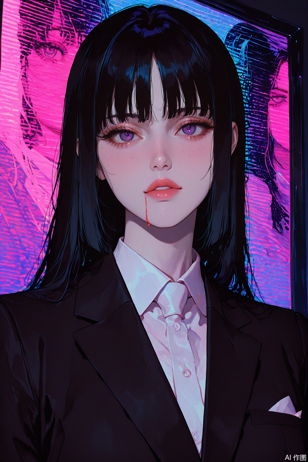 A high-resolution retro anime-style illustration featuring a beautiful girl with a classic hime-cut hairstyle, her sleek black hair framing her delicate face with precision. She wears a black formal suit tailored to her slender figure, exuding elegance and mystery. Her deep, sensual eyes hold an intense gaze, accentuated by thick, bold outlines and subtle airbrush highlights that add depth to her expression. The background is dark, illuminated by neon lights in electric blues, purples, and pinks, which reflect softly on her pale skin, creating a mesmerizing contrast. The colors are vibrant yet slightly muted, evoking the nostalgic aesthetic of 80s and 90s anime. Flat cel shading defines the shapes, while halftone patterns and slight color bleeding give the illustration a vintage printed feel. Hand-drawn imperfections, a subtle VHS glow, and a fine film grain overlay add authenticity, making the piece feel like a lost frame from an old anime film. The atmosphere is moody and intimate, blending retro futurism with classic anime beauty., masterpiece, best quality, newest, aesthetic, extremely aesthetic,