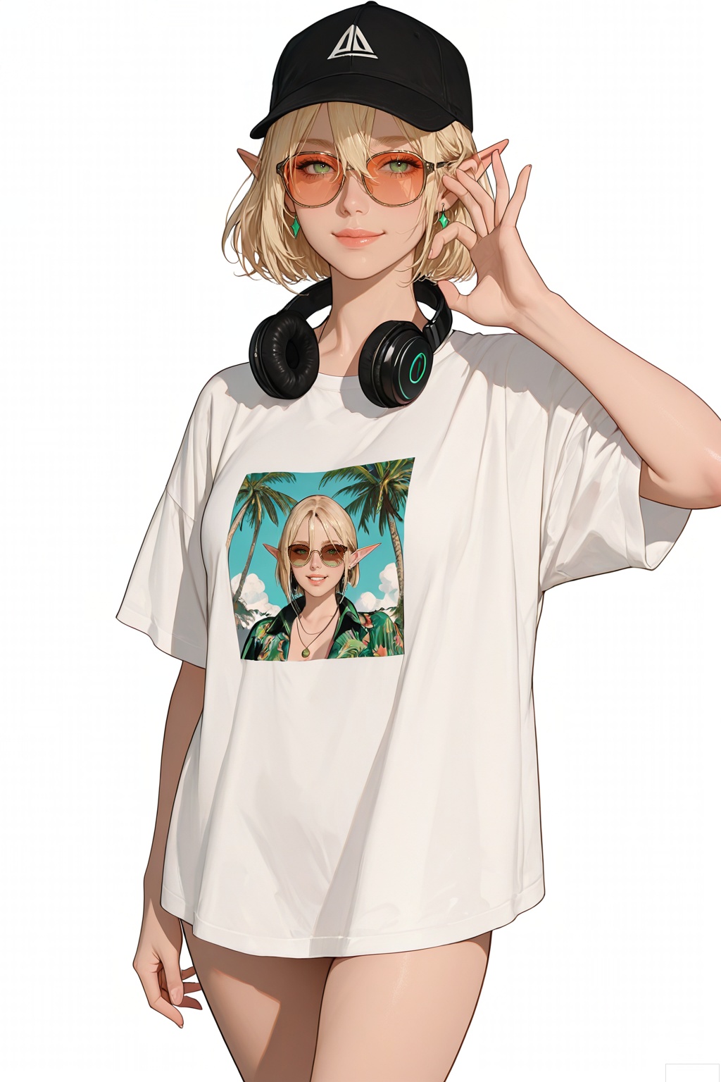 line art,1girl,((solo)),elf,hair between eyes,blonde hair,elf ears,green eyes,lips,simple_background,white_background,solo_focus,full body,standing,looking at viewer,closed mouth,masterpiece,best quality,good quality,very aesthetic,A shot with tension,impactful picture,offcial art,movie perspective,masterpiece,facing the lens,best quality,very aesthetic,extremely delicate and beautiful,amazing quality,short hair,((cowboy_shot)),front view,(((eyes_focus:1.3))),headphones,earrings,jewelry,hat,shirt,tinted eyewear,sunglasses,headphones around neck,glasses,print shirt,laughing,ok_sign,