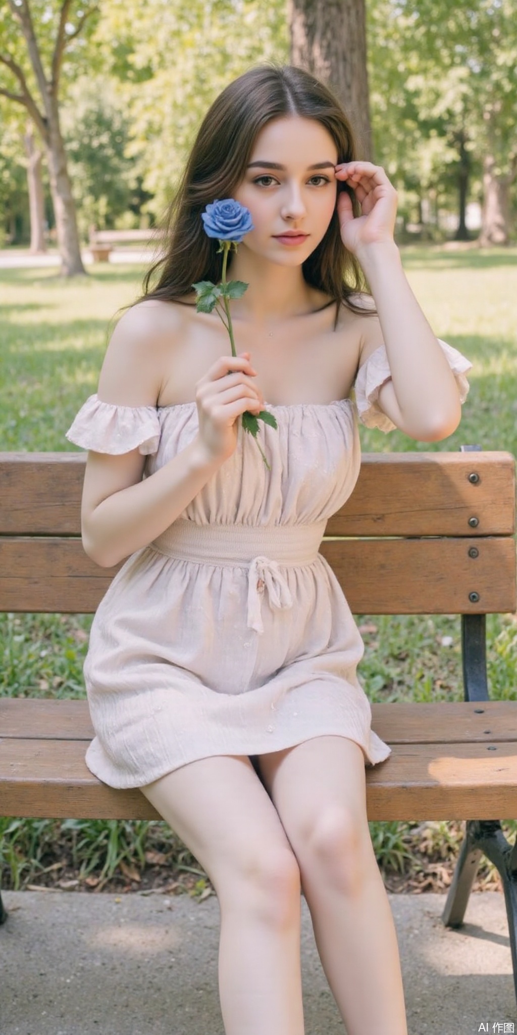 surreal warm cinematic full body shot photography, Kodak Professional Portra 160, 1girl,looking_at_viewer, , star \(symbol\),print legwear,realistic,,pose for picture,Dynamic posture, ,良好解剖结构,真人肌肤纹理, 4K画质,完美身材,
, The image depicts a young woman sitting on a wooden bench, holding a blue rose. She is wearing a  strapless dress, with her hair down and styled in loose waves. Her skin is fair, and she has dark brown eyes. She holds the flower up to her face with her right hand, while her left arm rests at her side. The background of the image is blurred, but it appears to be an outdoor setting, possibly a park or garden, on a sunny day. The atmosphere of the image is romantic and intimate, suggesting that the woman may be celebrating a special occasion or simply enjoying a quiet moment to herself.,eluosi