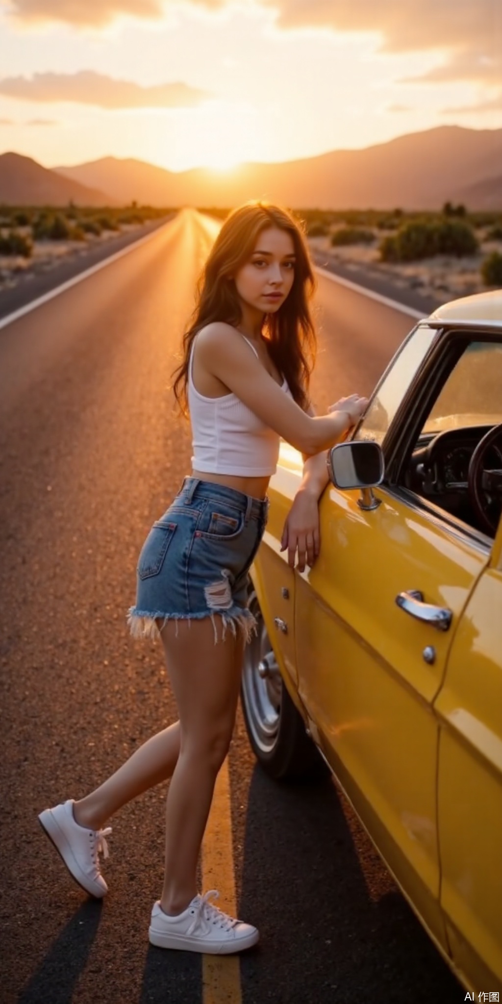  surreal warm cinematic full body shot photography, Kodak Professional Portra 160, 1girl,looking_at_viewer,navel,, ,realistic,,pose for picture,Dynamic posture, ,良好解剖结构,真人肌肤纹理, 4K画质,完美身材,
Hyperrealistic photograph capturing the golden hour glow,
A beautiful, stylish young  girl , white top, and jean shorts casually leans on a classic yellow car. Setting is a deserted highway in the American Southwest during a vibrant sunset. Cracked asphalt road stretches into the distance towards mountains. Cinematic lighting, dramatic shadows, extremely detailed texture on clothing, skin, car, and road. UHD, photorealistic render,eluosi