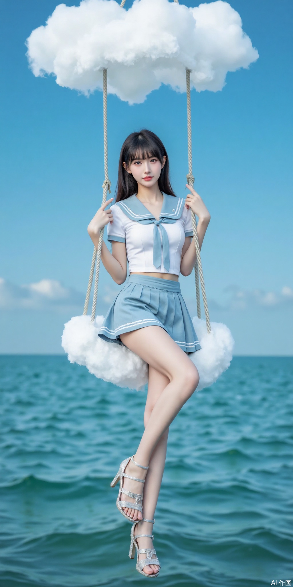 真人肌肤纹理, 4K画质,完美身材,long legs,big_breasts,navel,,Film texture,, film and television, surrealism, a girl with a delicate face is sitting on a cloud swing. The girl is wearing a jk sailor uniform, a white short-sleeved shirt, light blue stripes trimming, a light blue tie, white blue pleated skirt, exquisite diamond-encrusted high heels, swing rope The sub is connected to a cloud in the sky, the background is a vast ocean, the water shows a consistent blue-green tone, the sky is also blue-green, blending with the ocean, perfect light and shadow, hyper-realistic photography, sharpening, artistic conception, Consciousness, large areas of blank space, sense of space, haziness, dreams, fog,yueyue