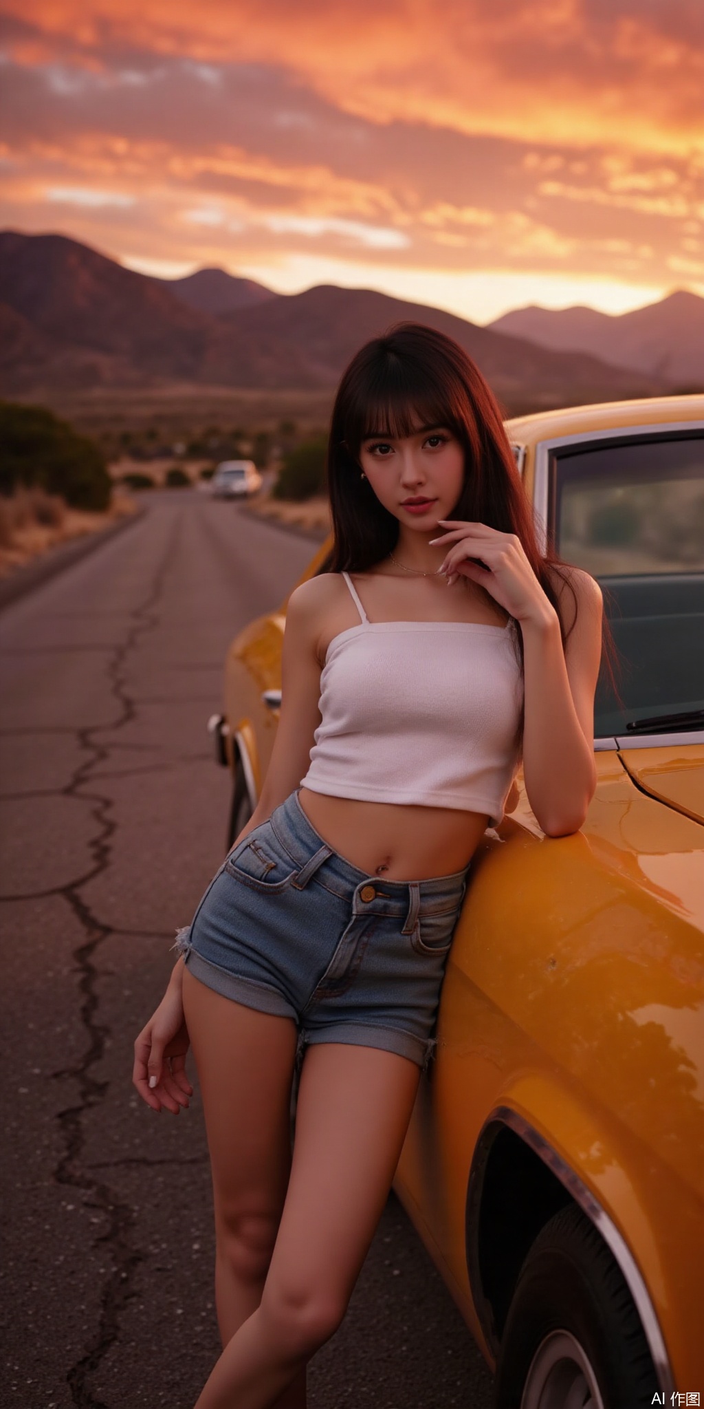  surreal warm cinematic full body shot photography, Kodak Professional Portra 160, 1girl,looking_at_viewer,navel,, ,realistic,,pose for picture,Dynamic posture, ,良好解剖结构,真人肌肤纹理, 4K画质,完美身材,
Hyperrealistic photograph capturing the golden hour glow,
A beautiful, stylish young  girl , white top, and jean shorts casually leans on a classic yellow car. Setting is a deserted highway in the American Southwest during a vibrant sunset. Cracked asphalt road stretches into the distance towards mountains. Cinematic lighting, dramatic shadows, extremely detailed texture on clothing, skin, car, and road. UHD, photorealistic render,yueyue