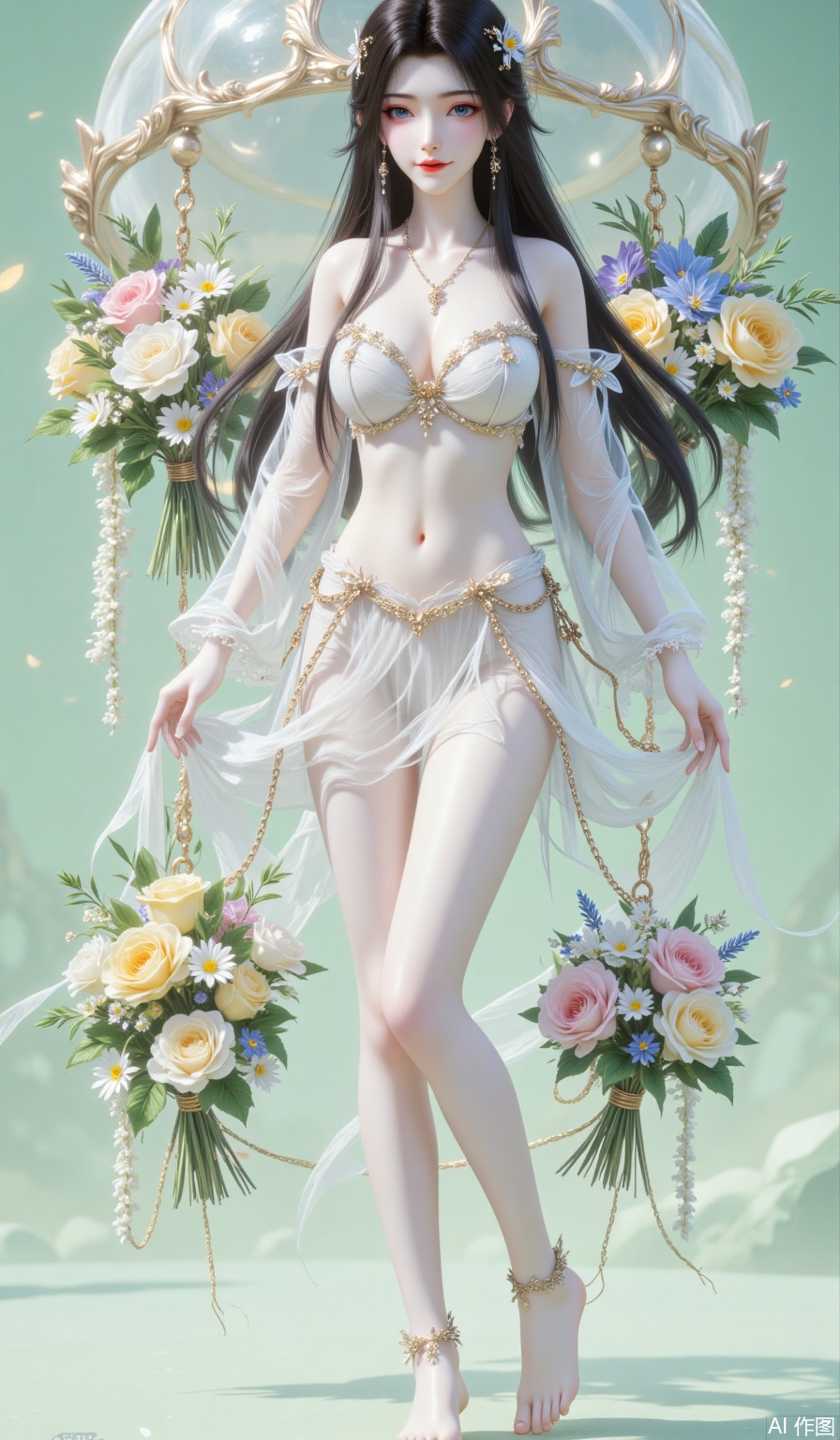 - Subject: a girl, solo, black hair, wearing hair accessories. She is erected in color, wearing earrings. Looking at the camera. Full body close-up. Long legs,
Her facial features are clear, her bright eyes seem to have the mysterious charm of ancient oriental charm. Her cherry lips are bent, her smile is gentle and sweet, she has a chain hanging on her waist, and flowers are tied to her ankles. Behind the girl is a transparent jelly-like jellyfish shape with a soft light green gradient on the surface, with natural wrinkles on the edges. Colorful bouquets are hung below, covering yellow roses, white roses, pink roses, as well as blue-purple flowers, white daisies, yellow flowers, etc. The flowers are matched with green leaves and embellished with slender and drooping strings of white flowers.,yy