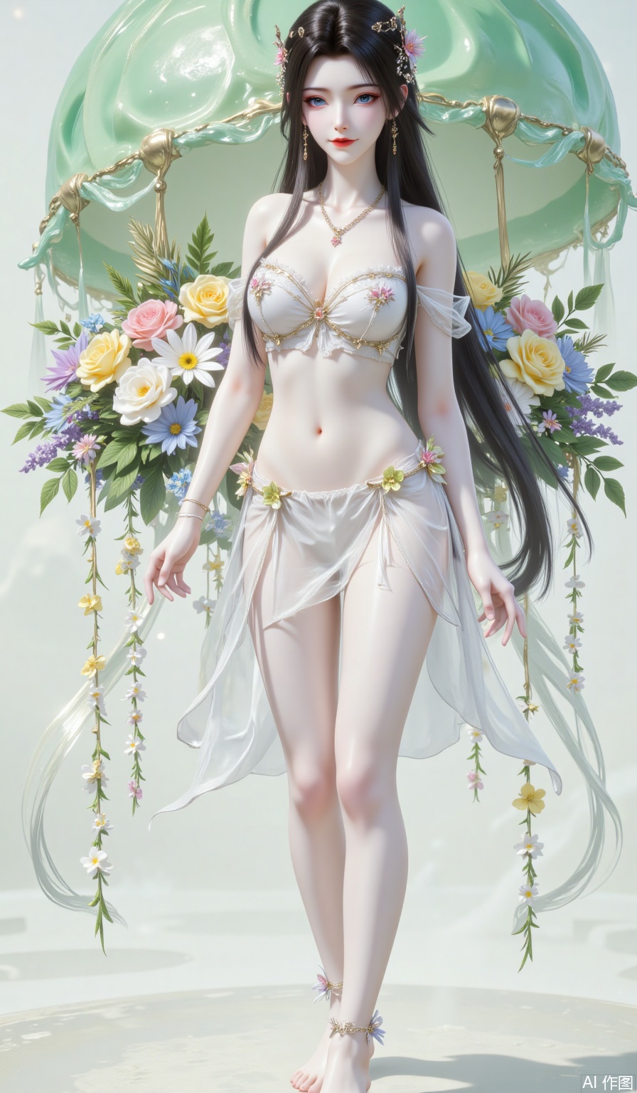 - Subject: a girl, solo, black hair, wearing hair accessories. She is erected in color, wearing earrings. Looking at the camera. Full body close-up. Long legs,
Her facial features are clear, her bright eyes seem to have the mysterious charm of ancient oriental charm. Her cherry lips are bent, her smile is gentle and sweet, she has a chain hanging on her waist, and flowers are tied to her ankles. Behind the girl is a transparent jelly-like jellyfish shape with a soft light green gradient on the surface, with natural wrinkles on the edges. Colorful bouquets are hung below, covering yellow roses, white roses, pink roses, as well as blue-purple flowers, white daisies, yellow flowers, etc. The flowers are matched with green leaves and embellished with slender and drooping strings of white flowers.,yy