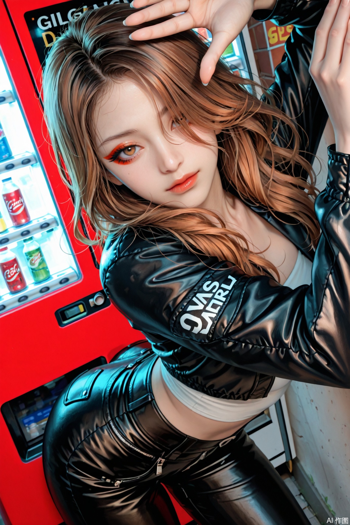 masterpiece,detailed_eyes,high_quality,best_quality,highres,subject_focus,depth_of_field,dynamic lighting,dynamic angle,detailed_eyes,1 girl,orange,brown_hair,ginger hair,messy_hair,hair over eye,long hair,brown_eye,e-girl_makeup,eyelashes,detailed_background,dramatic_angle,face_focus,eye_focus,model_pose_leaning_against_wall,leather pants,racing jacket,tube top,urban street,vending machine,dar_background,looking at viewer,close up,