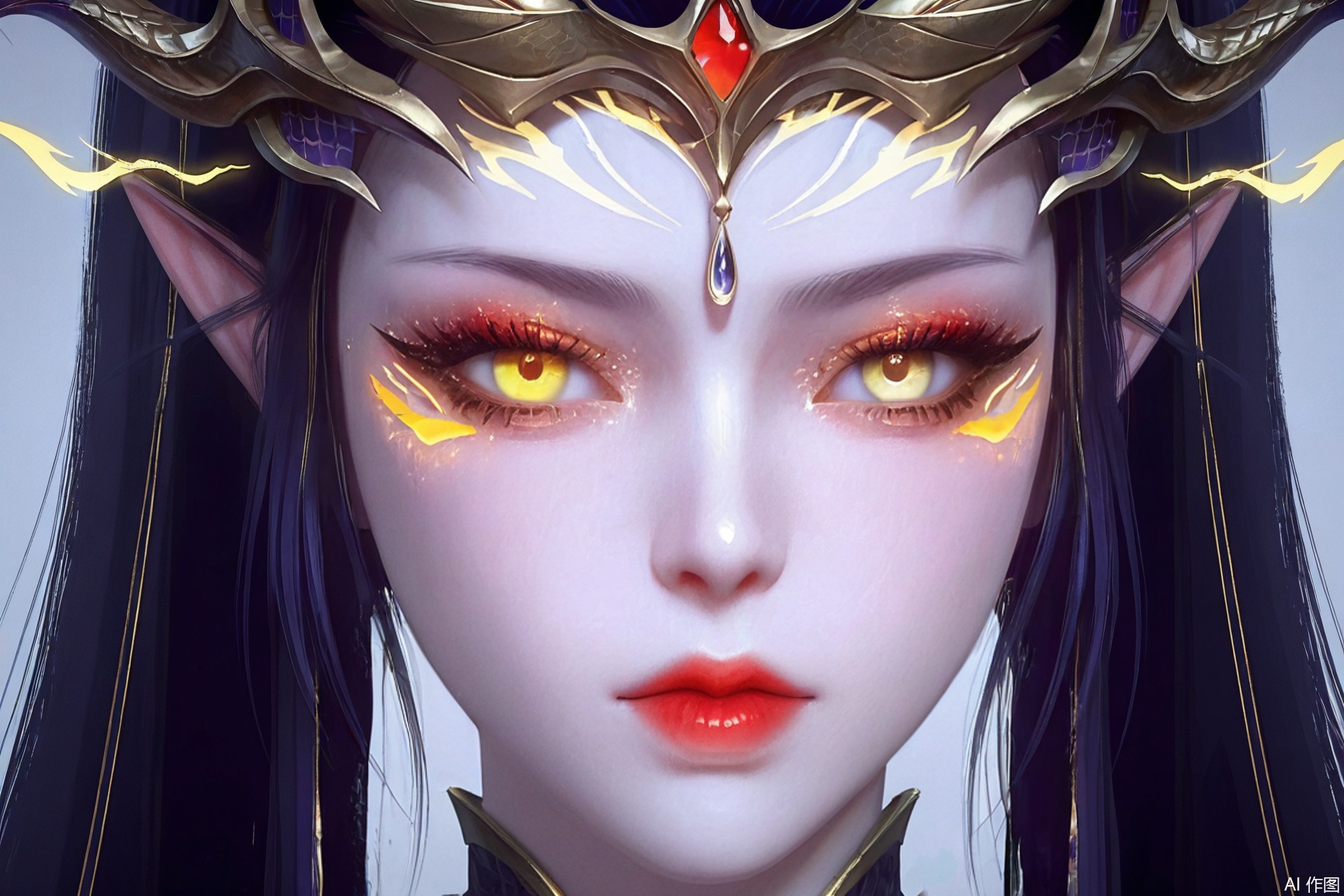 1girl, solo, long hair, looking at viewer, closed mouth, yellow eyes, horns, pointy ears, lips, eyelashes, makeup, heterochromia, facial mark, portrait, red lips, 
masterpiece, best quality, absurdres, highres, amazing quality, very aesthetic,  newest, absurdres, highres, highly detailed, very aesthetic,