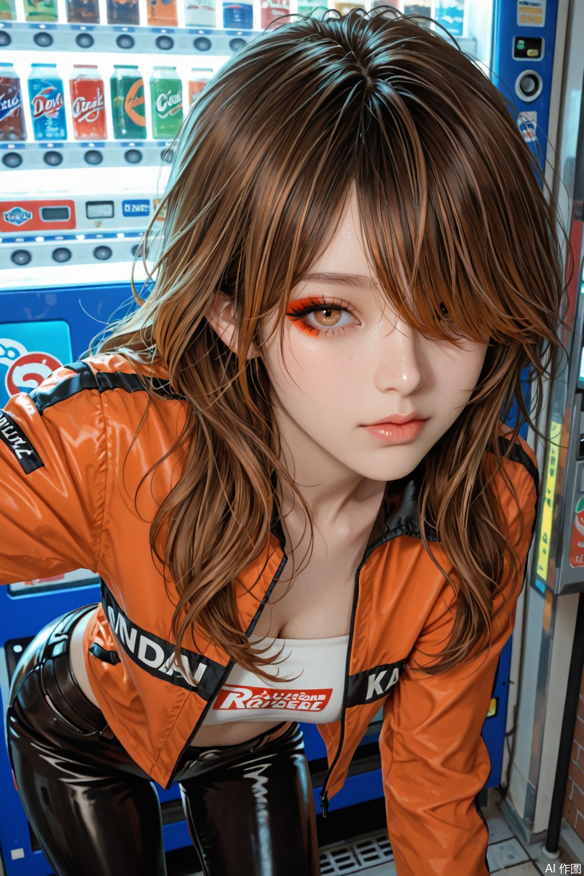masterpiece,detailed_eyes,high_quality,best_quality,highres,subject_focus,depth_of_field,dynamic lighting,dynamic angle,detailed_eyes,1 girl,orange,brown_hair,ginger hair,messy_hair,hair over eye,long hair,brown_eye,e-girl_makeup,eyelashes,detailed_background,dramatic_angle,face_focus,eye_focus,model_pose_leaning_against_wall,leather pants,racing jacket,tube top,urban street,vending machine,dar_background,looking at viewer,close up,
