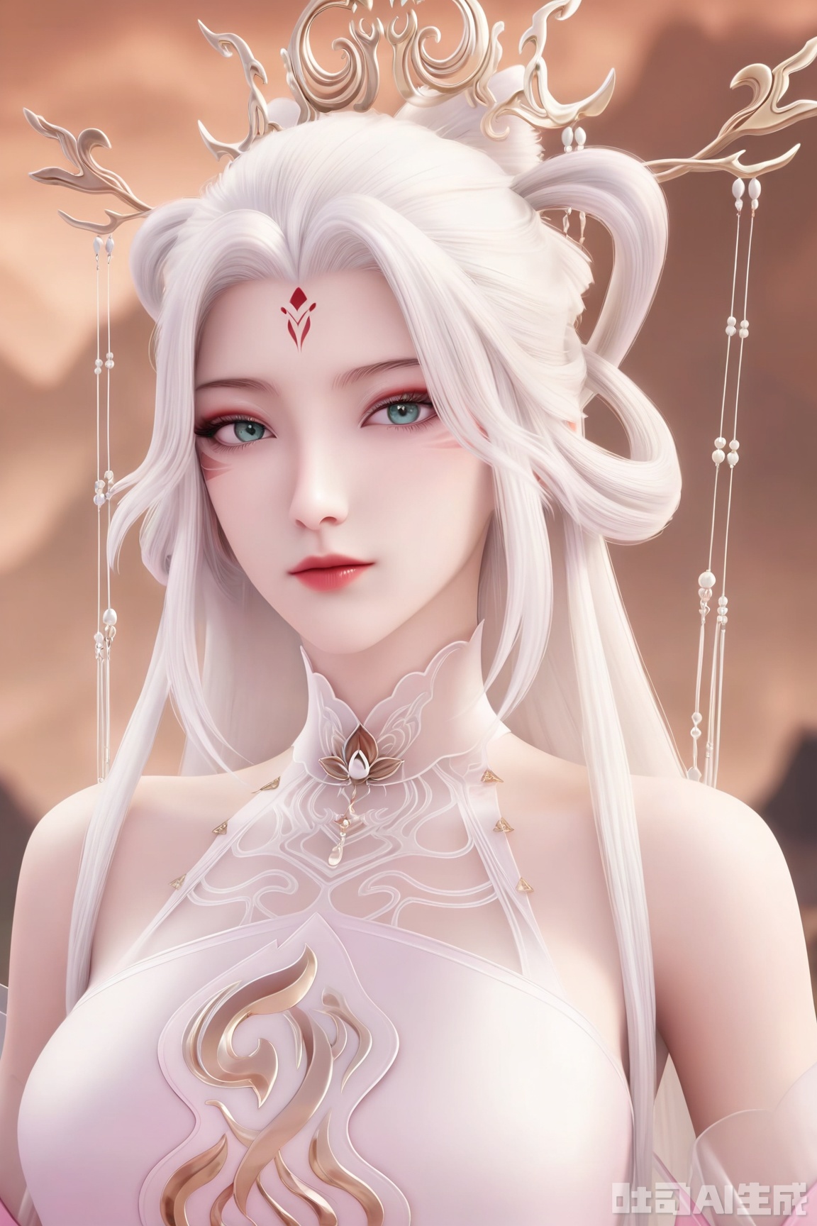 (Masterpiece, Best Quality, High Resolution, 8K Raw),absurdres, highres, Expressiveh, CG_style,
1girl, solo, long hair, looking at viewer, hair ornament, dress, bare shoulders, upper body, white hair, white dress, facial mark, hair rings, forehead mark, pink dress,