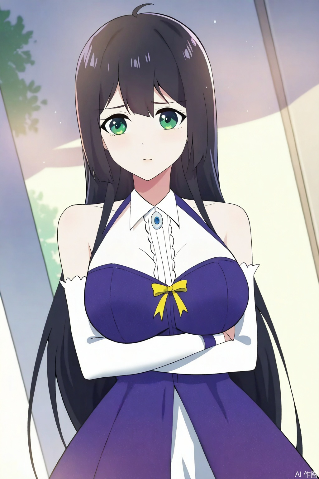 1girl, solo, long hair, breasts, large breasts, black hair, thighhighs, dress, bare shoulders, very long hair, green eyes,detached sleeves, white thighhighs, purple dress, 
Random scene,upper body,looking at viewer,