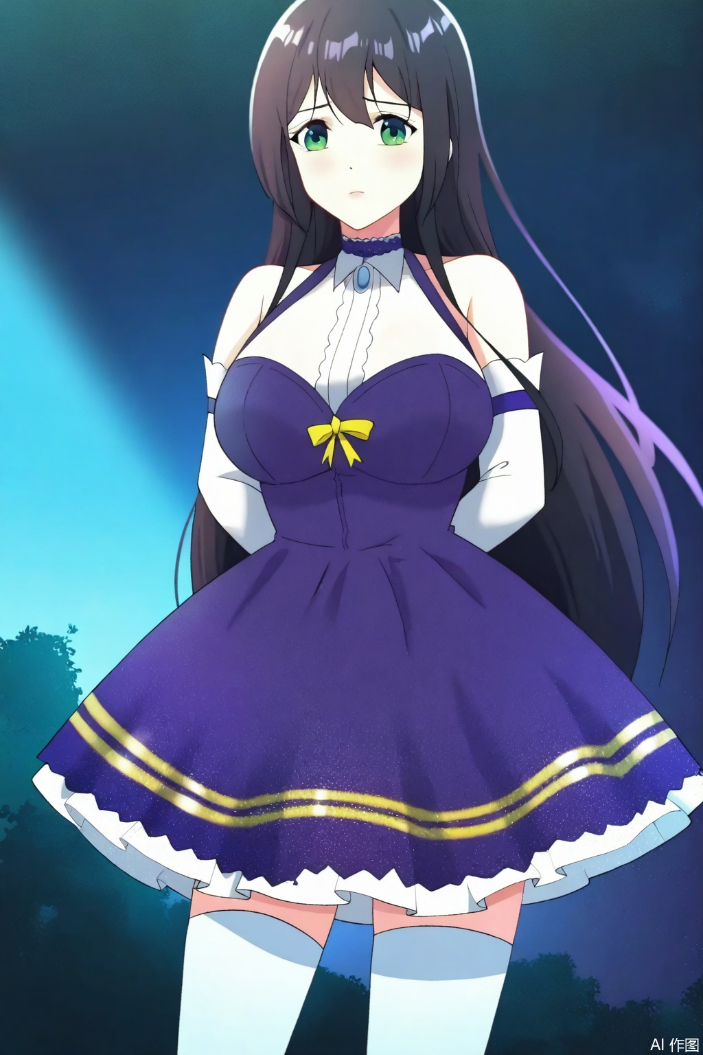 1girl, solo, long hair, breasts, large breasts, black hair, thighhighs, dress, bare shoulders, very long hair, green eyes,detached sleeves, white thighhighs, purple dress, 
Random scene,upper body,looking at viewer,