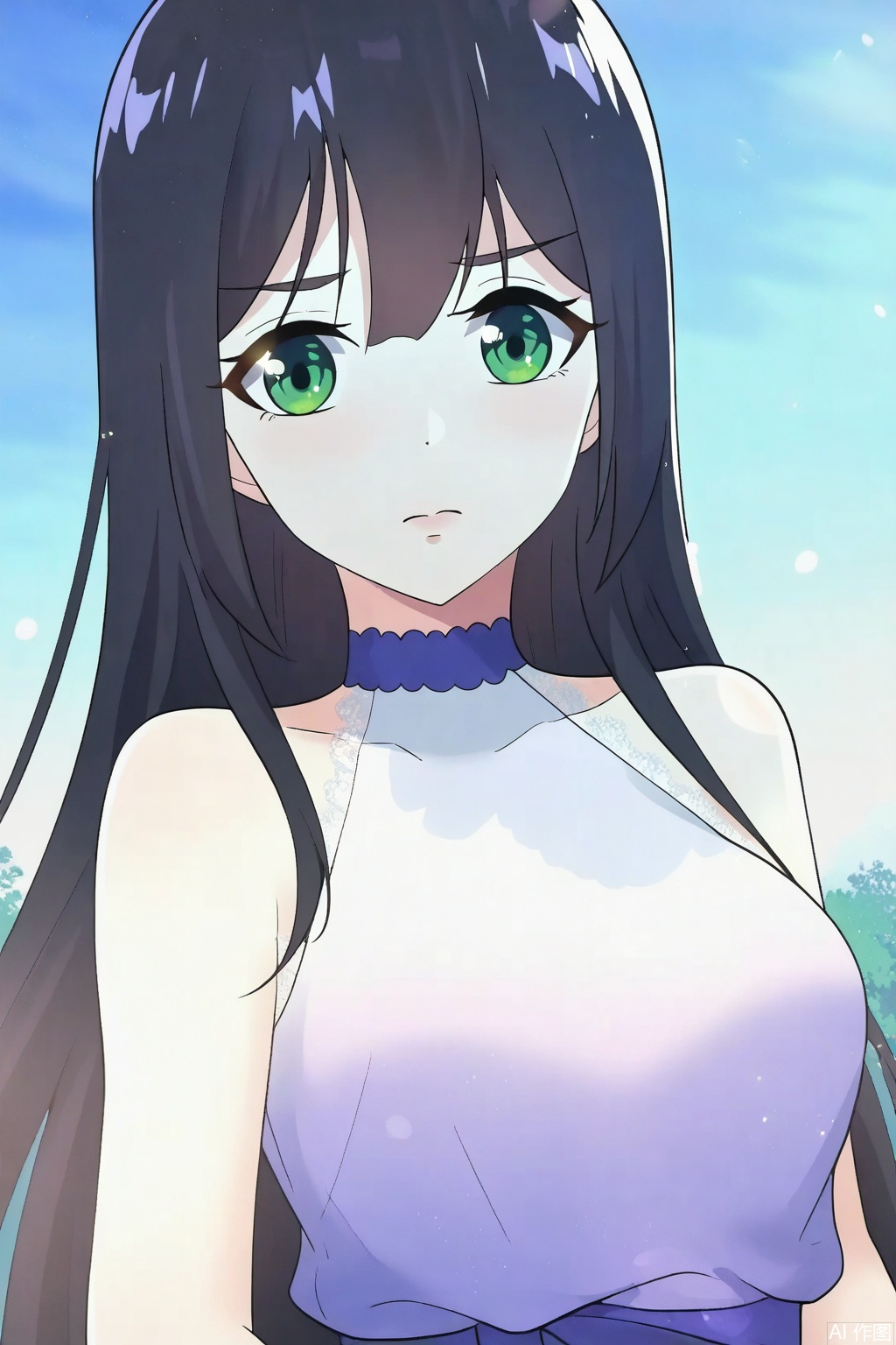 , 1girl, solo, long hair, breasts, black hair, dress, green eyes, sleeveless, white dress,


Random scene,upper body,looking at viewer,