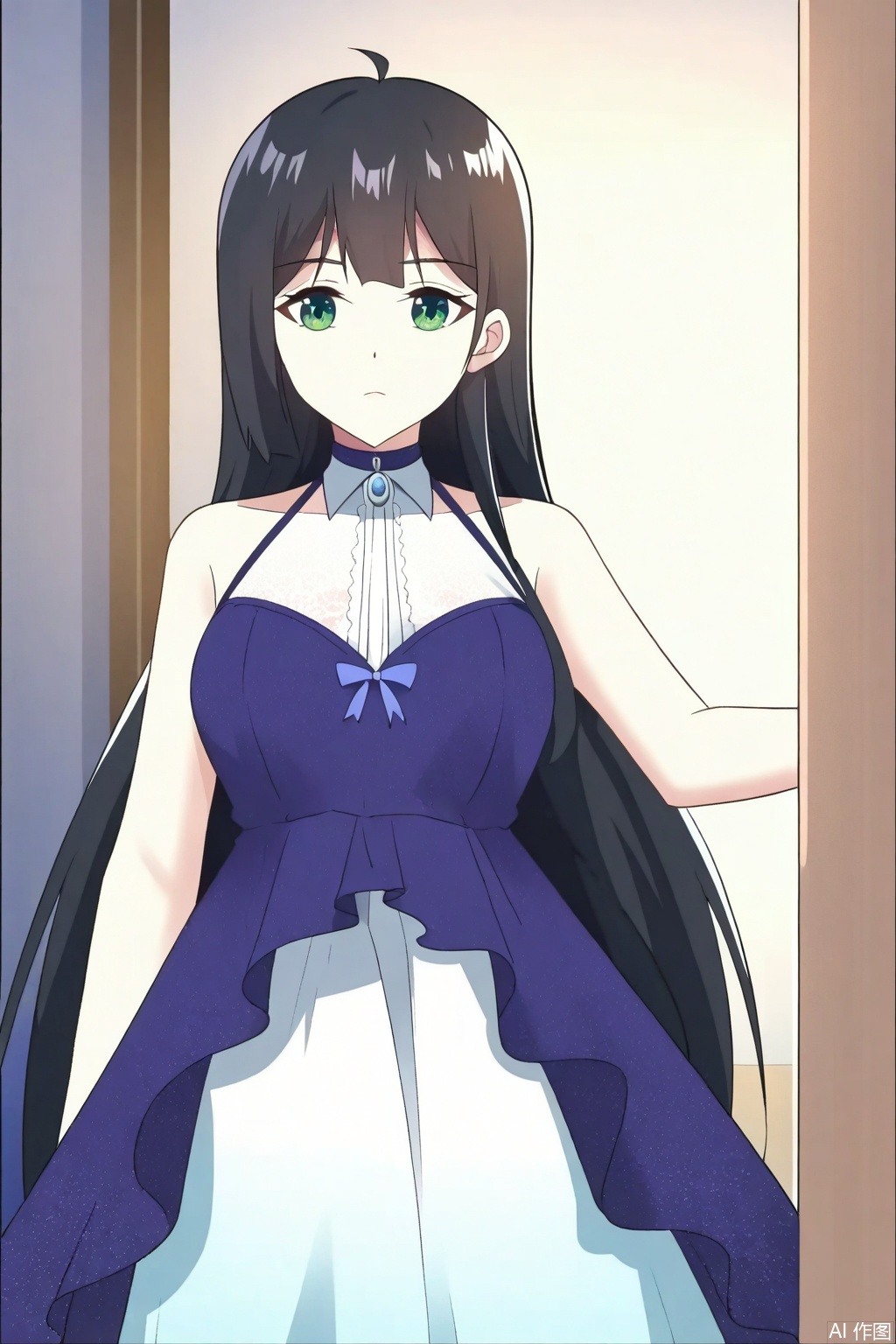 , 1girl, solo, long hair, breasts, black hair, dress, green eyes, sleeveless, white dress,


Random scene,upper body,looking at viewer,