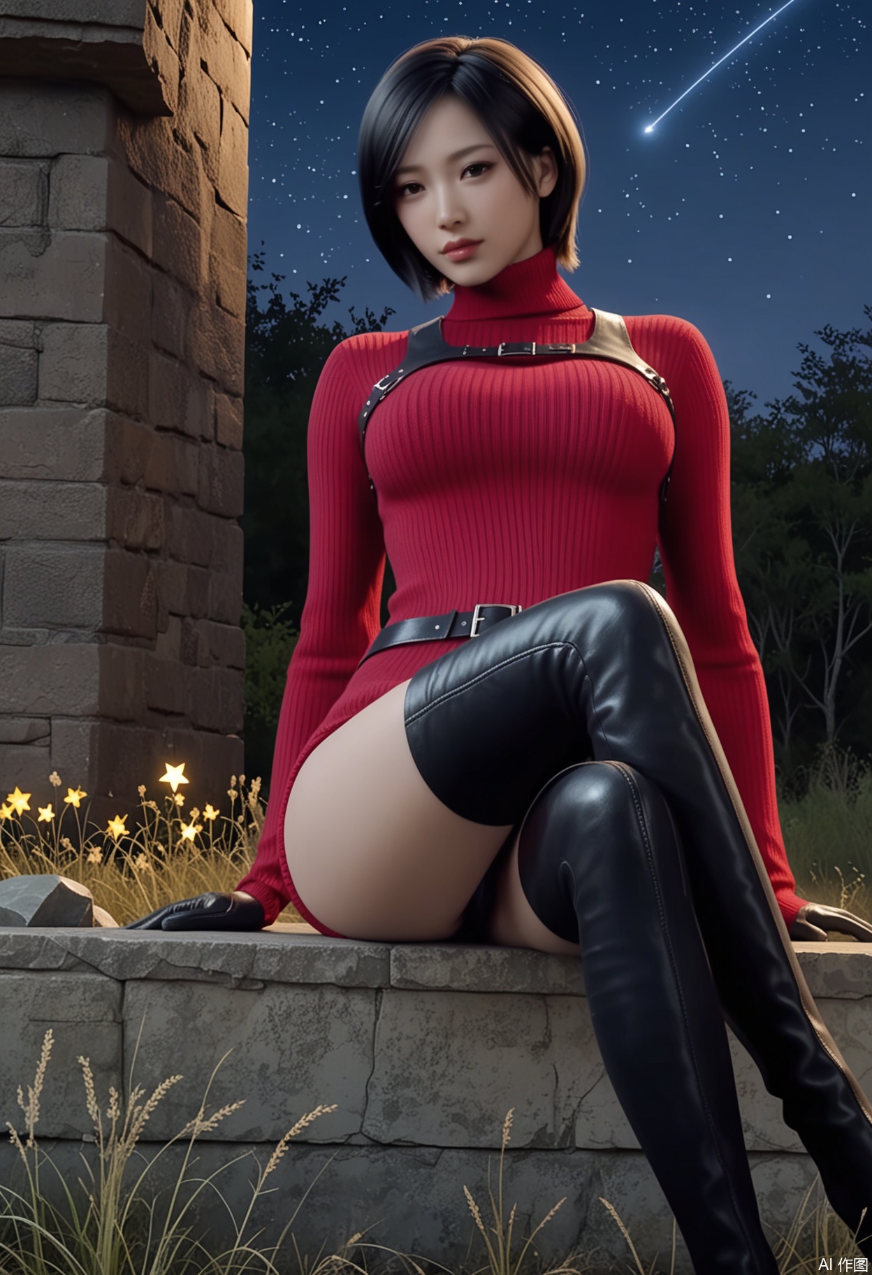 score_9,score_8_up,score_7_up,highly detailed,ultra-high best quality,masterpiece,realistic,ultra-fine painting,extreme detail description,Professional,Vivid Colors,(((extremely detailed CG unity 8k wallpaper))),an extremely delicate and beautiful,official art,sweet and delicate girl,delicate facial features,perfect bright figure,surrounded,Bright,romantic long hair,natural light,warm and sweet,a girl,((ink)), hongying,
aidawang,
1girl, solo, (short hair:1.2), black hair, thighhighs, gloves,boots, bodysuit, thigh boots,((red sweater:1.3)), lips, turtleneck,belt,
(in a meadow:1.3),(night:1.2),(stars:1.5),((perfect legs:1.2)),(large breasts:1.2),
(crossed legs:1.3),(sitting:1.3),
