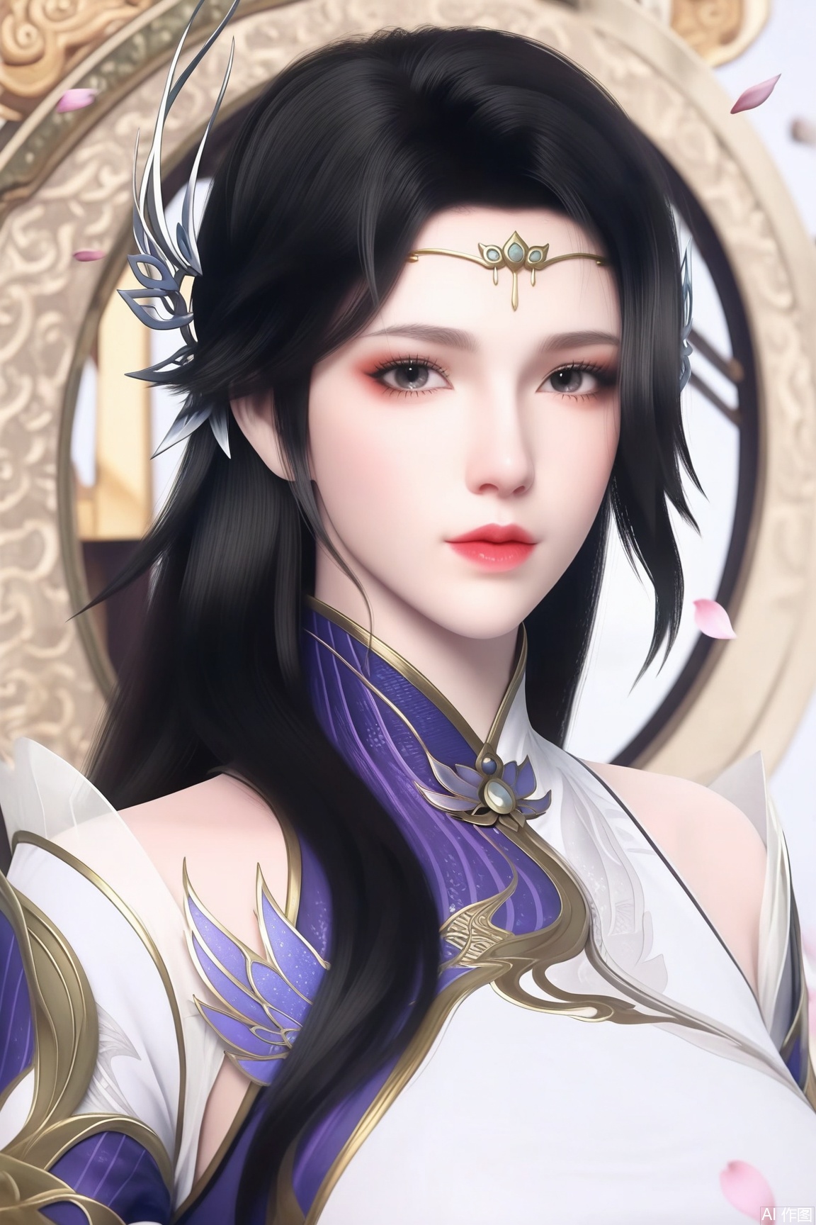 1girl, solo, long hair, hair ornament,looking at viewer, dress, black eyes, upper body, black hair, petals, chinese clothes, falling petals, realistic,
