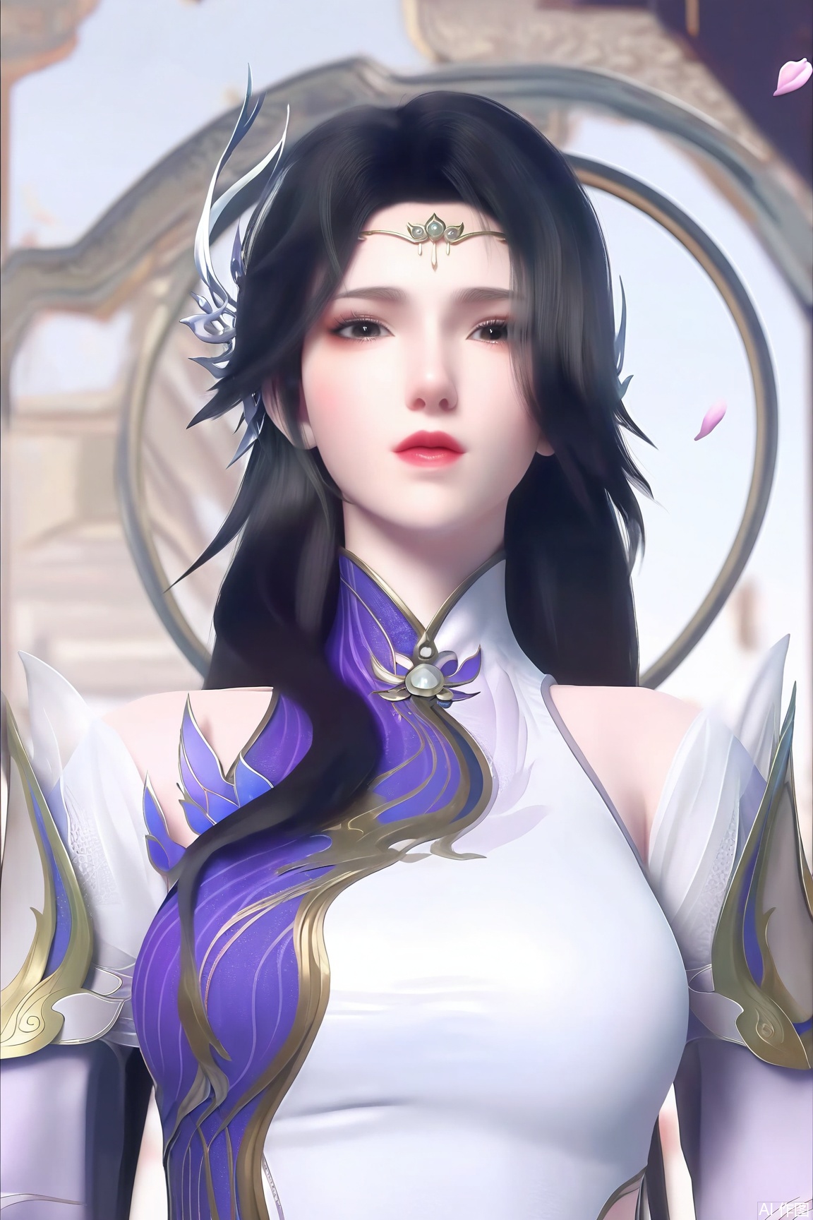 1girl, solo, long hair, hair ornament,looking at viewer, dress, black eyes, upper body, black hair, petals, chinese clothes, falling petals, realistic,
masterpiece, best quality, absurdres, highres, amazing quality, very aesthetic,  newest, absurdres, highres, highly detailed, very aesthetic,