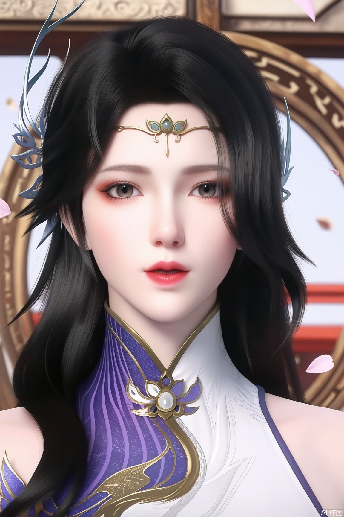1girl, solo, long hair, hair ornament,looking at viewer, dress, black eyes, upper body, black hair, petals, chinese clothes, falling petals, realistic,
