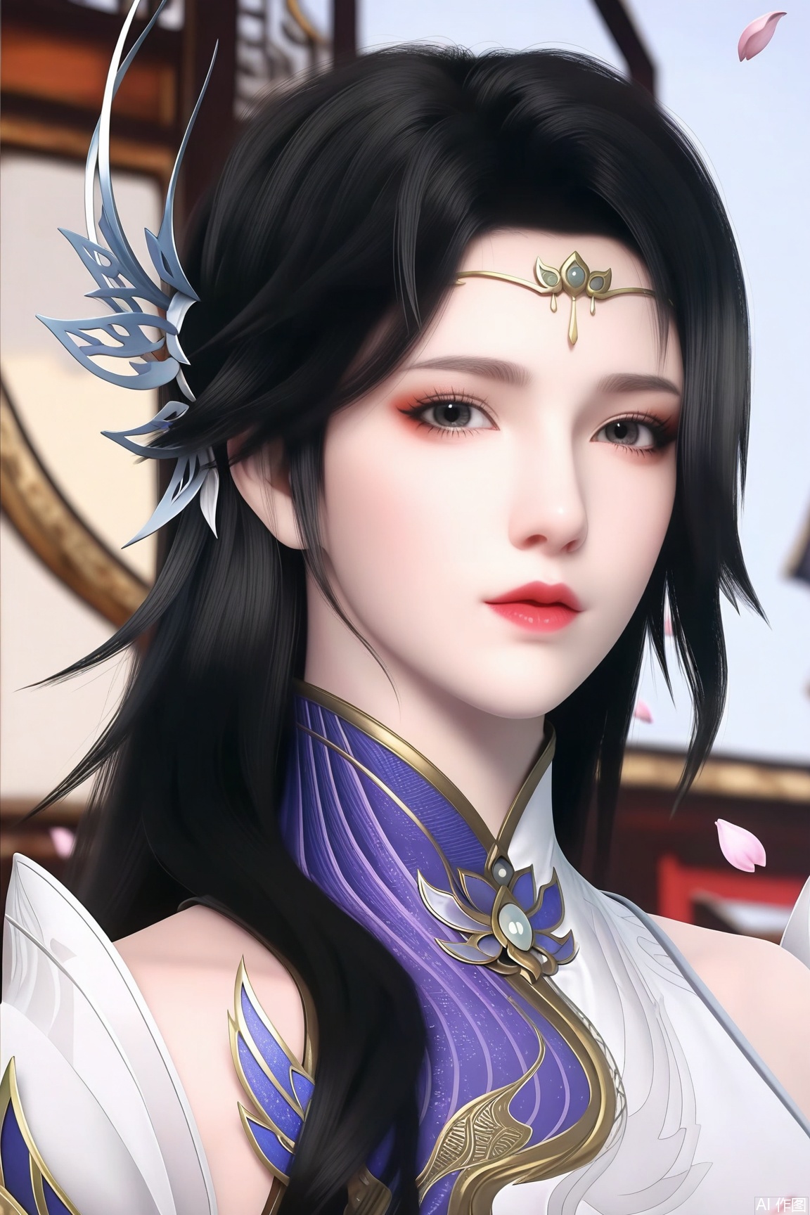 1girl, solo, long hair, hair ornament,looking at viewer, dress, black eyes, upper body, black hair, petals, chinese clothes, falling petals, realistic,
