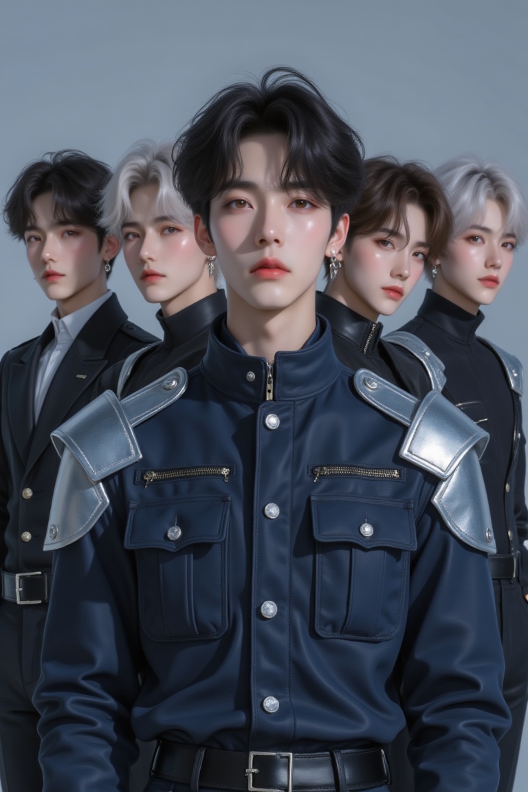 Concept photo of five handsome Korean male idols in a sharp V-formation. Center front,  The Leader with jet-black hair and...