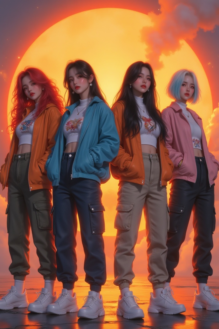 Four beautiful Korean female idols of a K-pop girl group stand in a powerful formation,  wearing highly detailed hip-hop f...