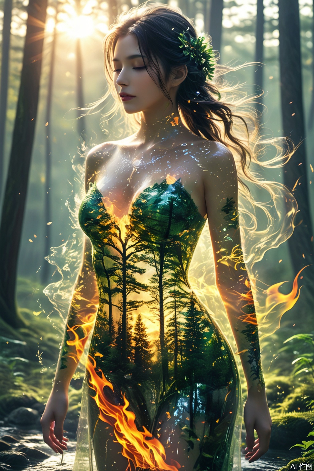 HD 8K, 
1girl, solo, nature, long hair, breasts, closed eyes, forest, fire, dress, tree, bare shoulders, sunlight, medium breasts, parted lips, water, black hair, strapless dress, green dress, watermark, collarbone, cleavage
