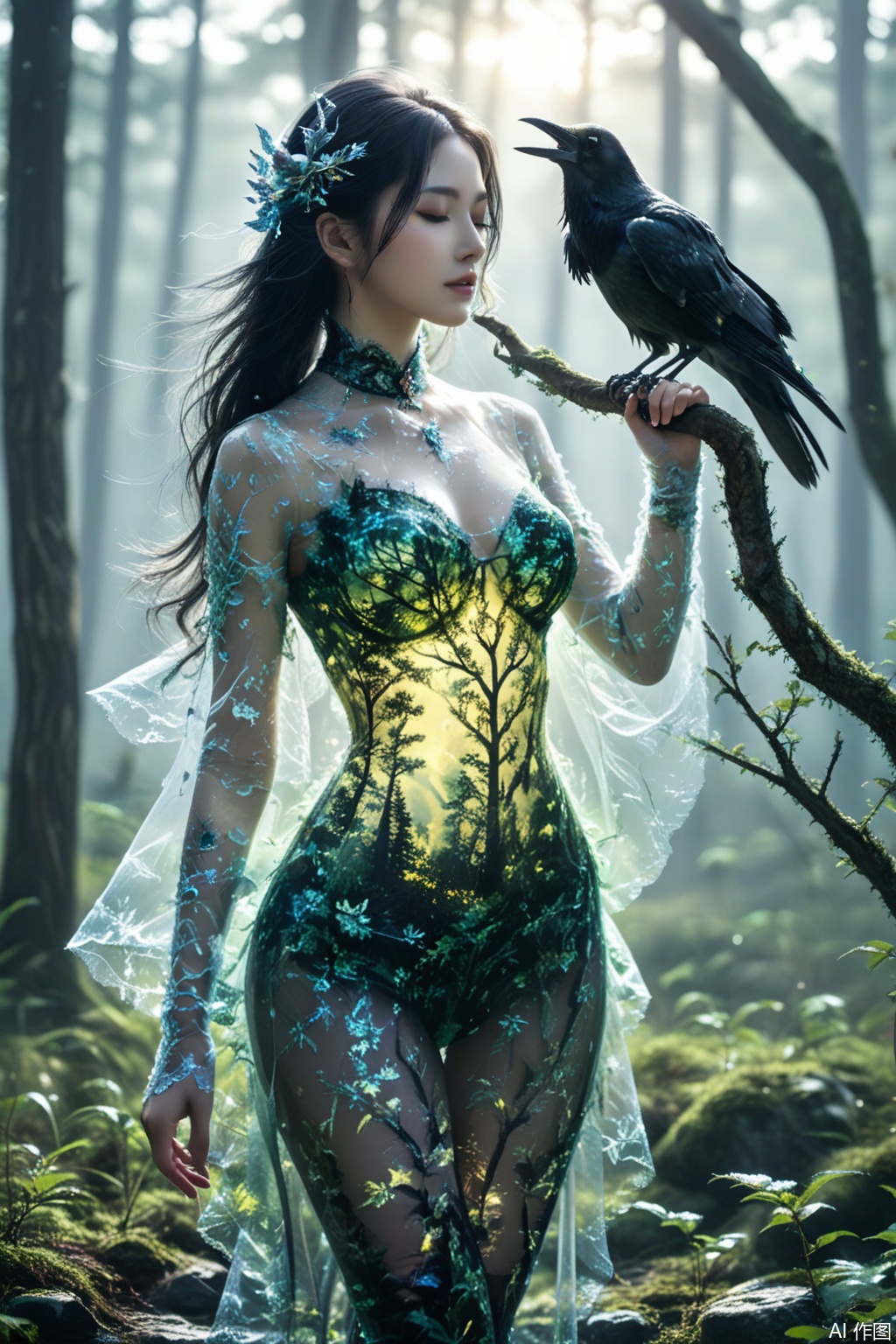 HD 8K, 
1girl, solo, small breasts, closed eyes, gothic dress, black hair, moon, night, witch, crow, pale skin, blurry, high collar, blurry background, lips slightly open, glowing eyes, fog