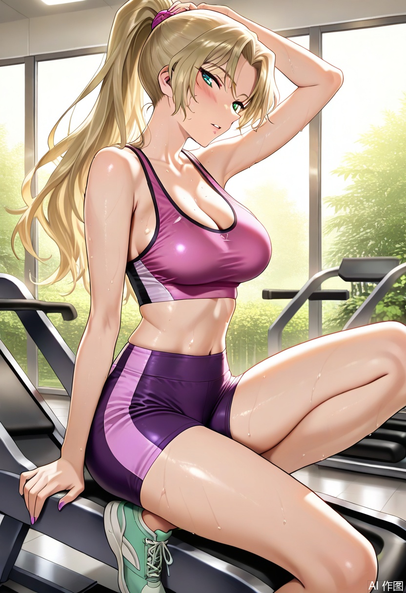 masterpiece, best quality, amazing quality, highres, 1girl, long golden hair tied in high ponytail (loose strands framing face), perfect body proportions, glossy pink deep V-neck backless sports crop top (revealing midriff & shoulder blades), high-waisted gradient purple compression shorts (thigh-grazing length), pink anti-slip sport wristbands, mint green sneakers, seductive pose: sitting on treadmill edge, legs slightly parted, back arched, left hand slowly trailing along inner thigh, right hand gripping treadmill rail, head tilted toward viewer with half-lidded alluring eyes, gym background (multiple treadmills, patterned wallpaper, large windows showing lush greenery, warm ambient light), glistening sweat droplets on skin (chest/shoulders/legs), anime-style bold cell-shading, fabric sheen on athletic wear (satin-like sports crop top, compression shorts texture), vibrant color harmony (golden hair vs pink/purple attire), cinematic low-angle shot emphasizing body curve & seductive posture, detailed sweat reflections catching light, dynamic tension in pose, modern gym atmosphere with soft depth of field,Vermouth