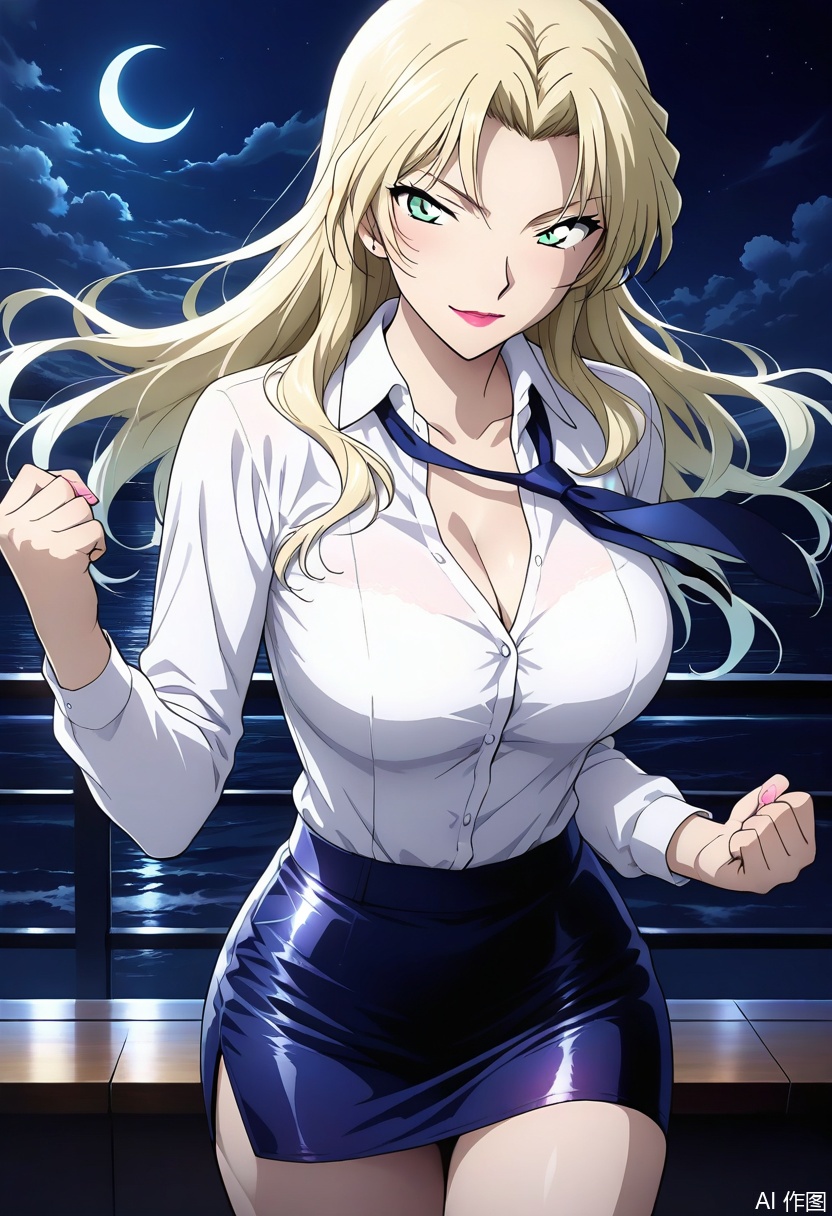 masterpiece, best quality, amazing quality, highres, 1girl, long golden hair with wind - swept waves, perfect body proportions, white silk dress shirt with half - unbuttoned deep V - neck, loose navy satin tie draped over shoulder, high - slit midnight blue satin pencil skirt, seductive dynamic pose: mid - run with body slightly angled, left hand holding colorful prism - like object near shoulder, right fist clenched, head tilted with intense alluring gaze, night sky backdrop with crescent moon, scattered stars, dark swirling clouds, soft moonlight casting highlights on golden hair and silk fabric, anime - style bold line art, detailed fabric textures (silk sheen, satin folds, shirt transparency), color contrast of golden hair against cool night palette, cinematic angle emphasizing body curve and dynamic motion, mysterious nocturnal ambiance,Vermouth,