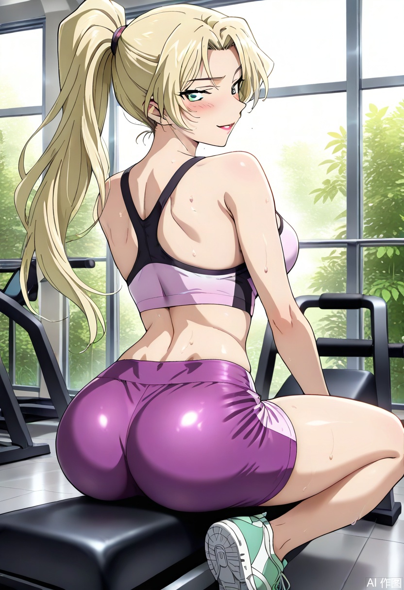 masterpiece, best quality, amazing quality, highres, 1girl, long golden hair tied in high ponytail (loose strands framing face), perfect body proportions, glossy pink deep V-neck backless sports crop top (revealing midriff & shoulder blades), high-waisted gradient purple compression shorts (thigh-grazing length), pink anti-slip sport wristbands, mint green sneakers, seductive pose: sitting on treadmill edge, legs slightly parted, back arched, left hand slowly trailing along inner thigh, right hand gripping treadmill rail, head tilted toward viewer with half-lidded alluring eyes, gym background (multiple treadmills, patterned wallpaper, large windows showing lush greenery, warm ambient light), glistening sweat droplets on skin (chest/shoulders/legs), anime-style bold cell-shading, fabric sheen on athletic wear (satin-like sports crop top, compression shorts texture), vibrant color harmony (golden hair vs pink/purple attire), cinematic low-angle shot emphasizing body curve & seductive posture, detailed sweat reflections catching light, dynamic tension in pose, modern gym atmosphere with soft depth of field,Vermouth