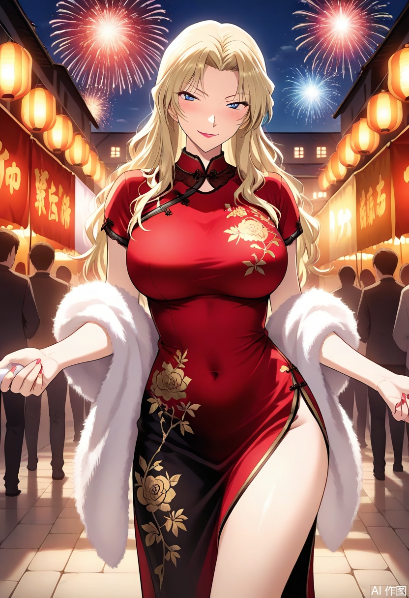 masterpiece, best quality, amazing quality, highres, 1mature female, long blonde hair with flowing glossy waves, perfect body proportions, red - black gradient cheongsam adorned with golden floral embroidery, white fluffy fur shawl draped elegantly over shoulders, thigh - high side slit revealing slender leg, seductive pose: gently leading viewer by the hand, body slightly angled, head tilted with a confident alluring smirk, night market backdrop filled with glowing red lanterns, vibrant fireworks bursting in deep blue sky, anime - style bold line art, rich color contrast (golden hair against red cheongsam & dark night), soft light reflections on fur texture and silk cheongsam, lively festival atmosphere with faint crowd silhouettes, cinematic perspective highlighting body curve and intimate hand - holding interaction, detailed fabric textures (silk sheen, embroidery intricacy, fur softness), dreamy yet vivid nighttime lighting,