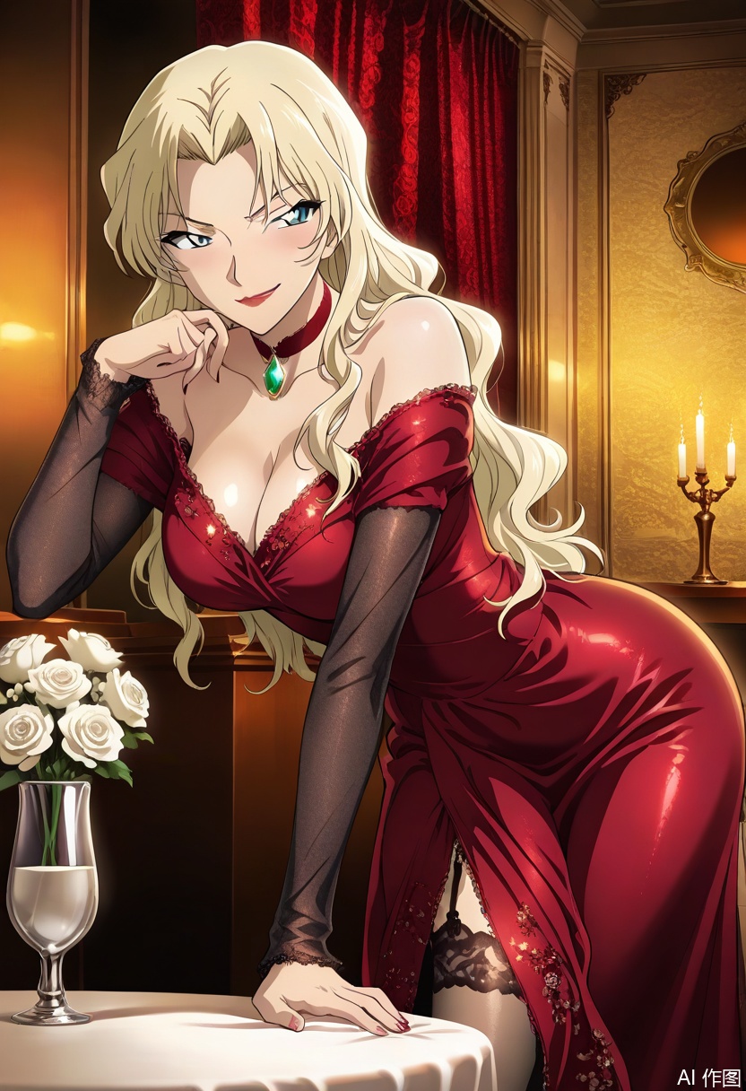 masterpiece, best quality, amazing quality, highres, 1girl, long golden curly hair with soft waves, perfect body proportions, red off - shoulder gown with black sheer lace overlay (intricate swirl patterns), red choker adorned with emerald - like gem, seductive pose: sitting at candlelit dinner table, leaning slightly forward, right hand gently swirling red wine in crystal glass, left hand resting on table near fine china, half - lidded alluring eyes, faint smirk, intimate dinner setting with candlelit table (glowing candles, polished silverware, white roses in vase), soft warm ambient light casting glows on hair and gown, background of dimly lit luxury restaurant (velvet curtains, ornate wall sconces), anime style, detailed fabric textures (lace transparency, satin gown sheen, choker gem reflection), color contrast of golden hair against red gown & warm candlelight, cinematic angle highlighting body curve and wine - glass interaction, dreamy romantic dinner atmosphere, subtle shadow play on tablecloth,Vermouth