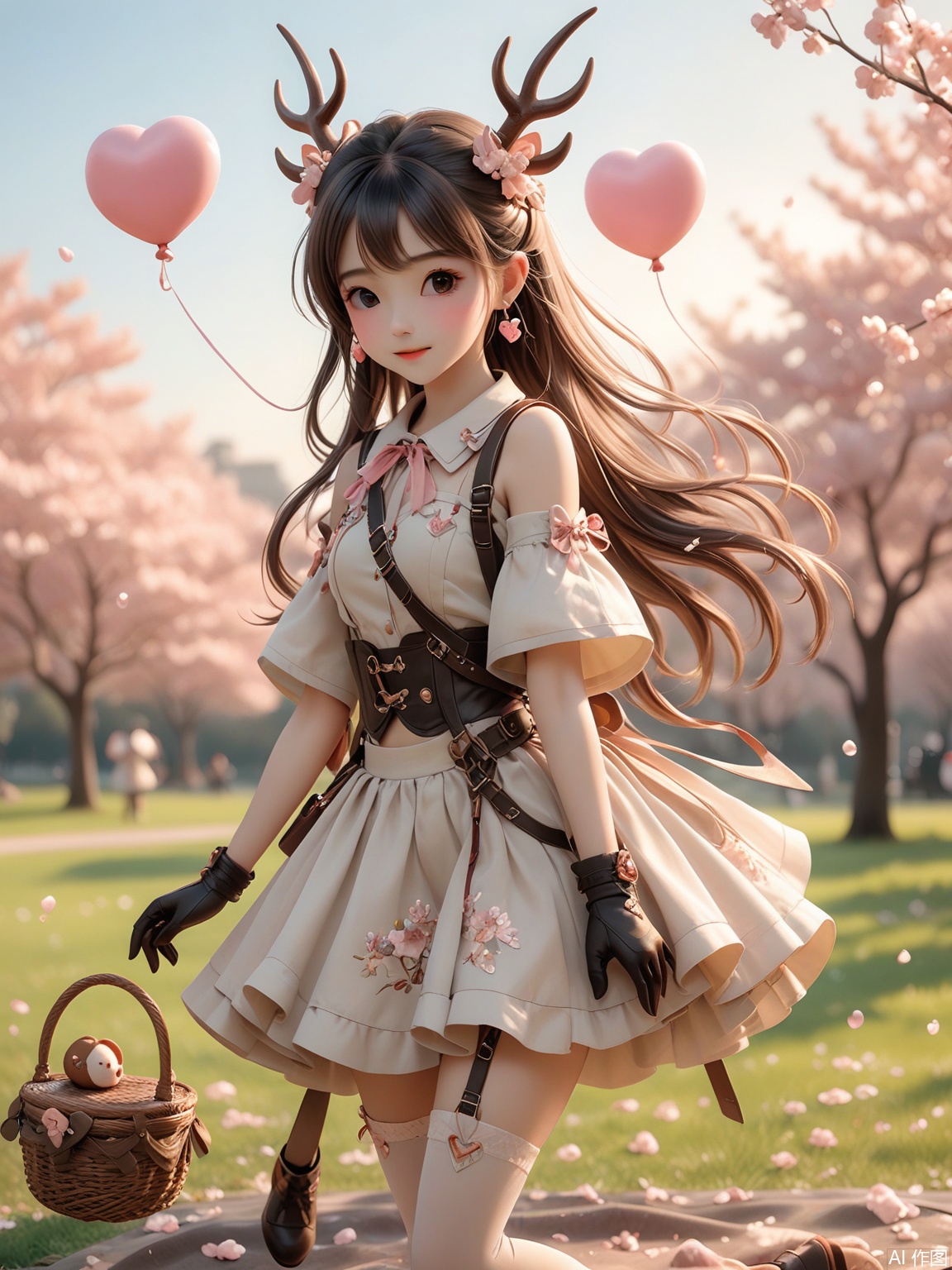 HD 8K, 
小女孩, 双肩包, 手套, 假角, 看向观众, 心形气球, 公园野餐, 草地, 樱花树下, 面带微笑, 多个玩具, 可爱发夹, 花裙, 温暖阳光, 柔和色彩