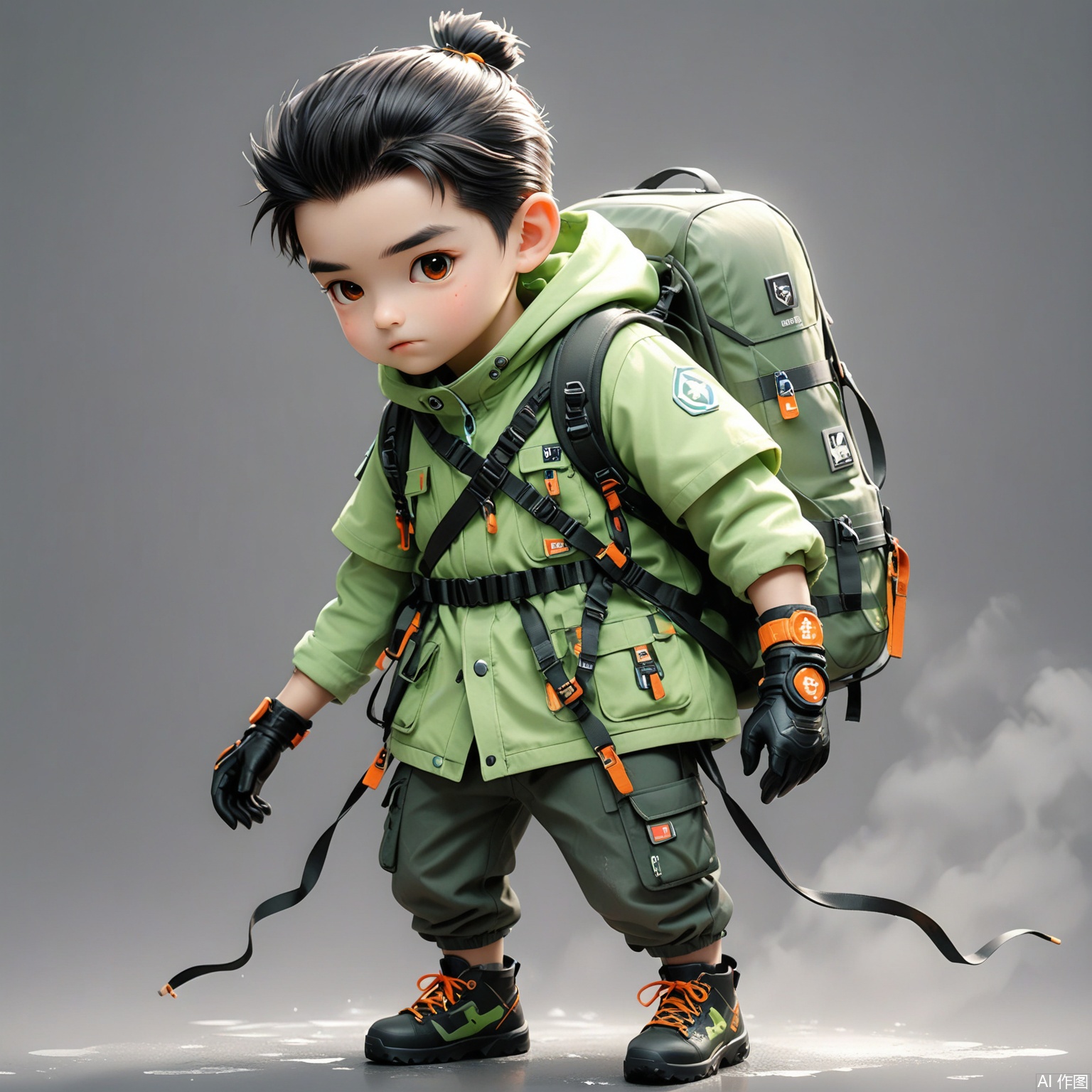 HD 8K, 
backpack, 1boy, gloves, bag, male focus, chibi, black gloves, orange eyes, green skin, colored skin